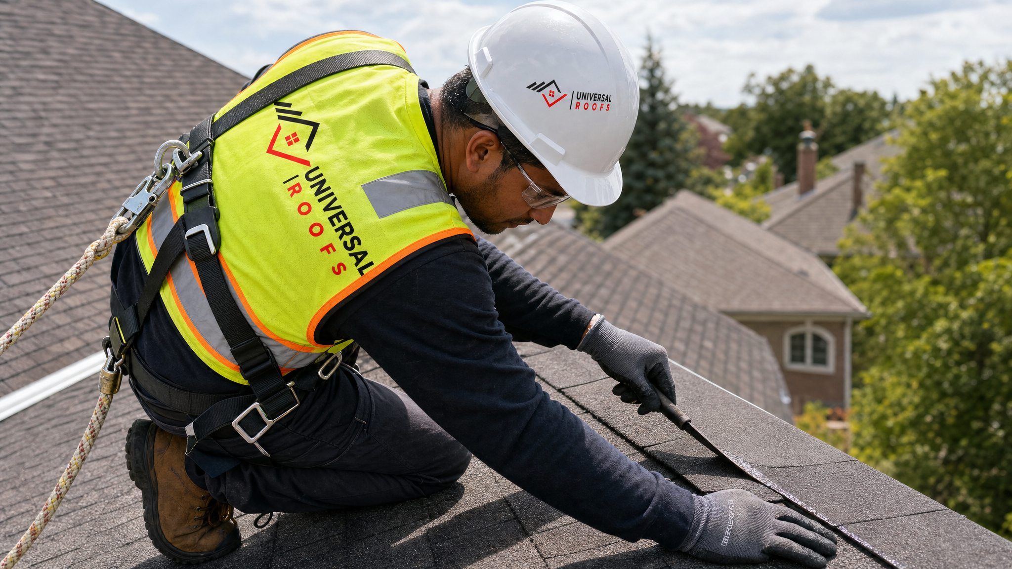 A roofer wearing a hard hat, high-visibility vest, safety glasses, gloves, and a fall-protection harness resealing a lifted shingle edge on a sloped residential roof