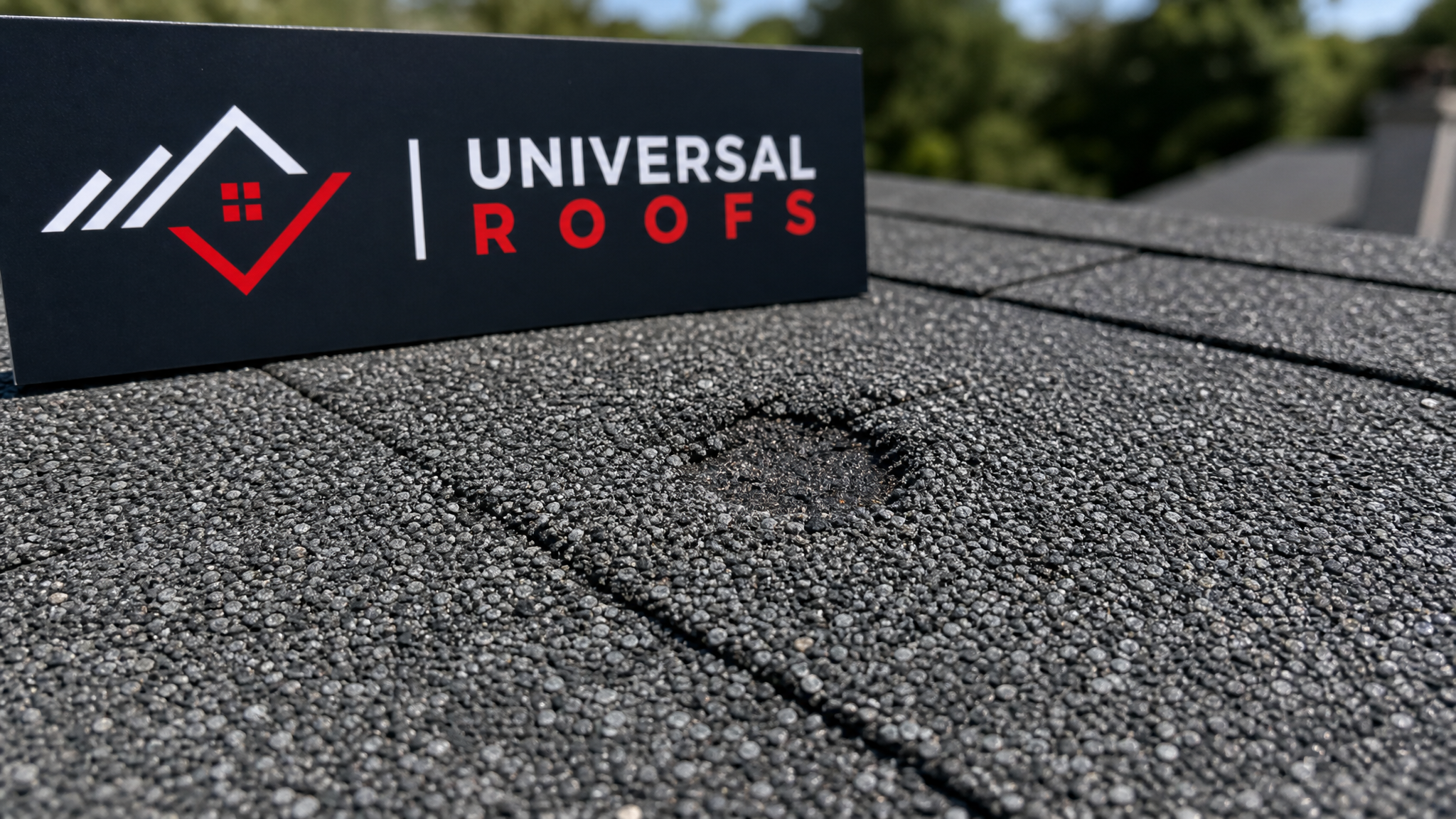 Close-up of hail impact bruising and granule loss on an asphalt shingle with a Universal Roofs branded inspection sign