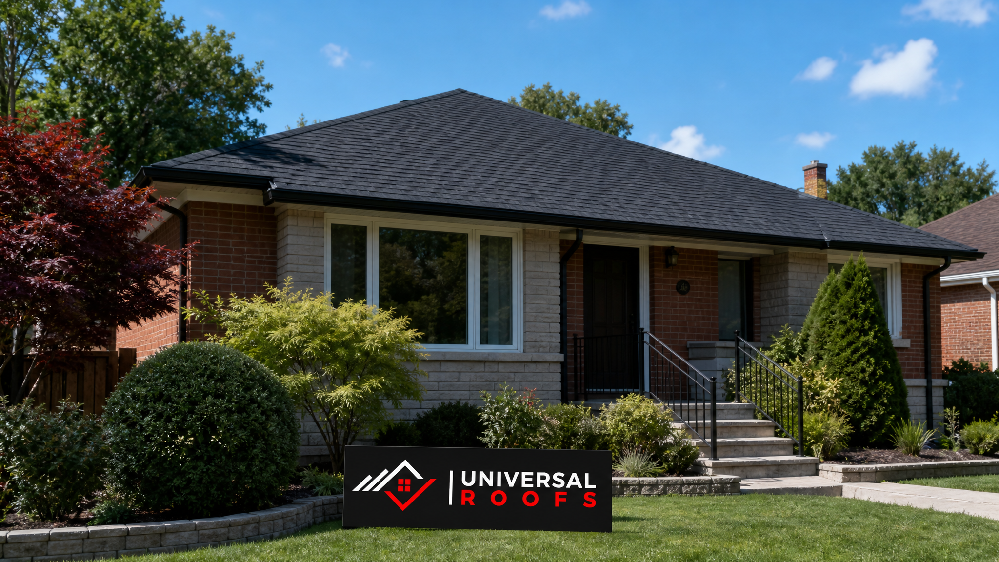Newly repaired asphalt shingle roof on a Toronto home after a successful hail damage insurance claim, summer daylight