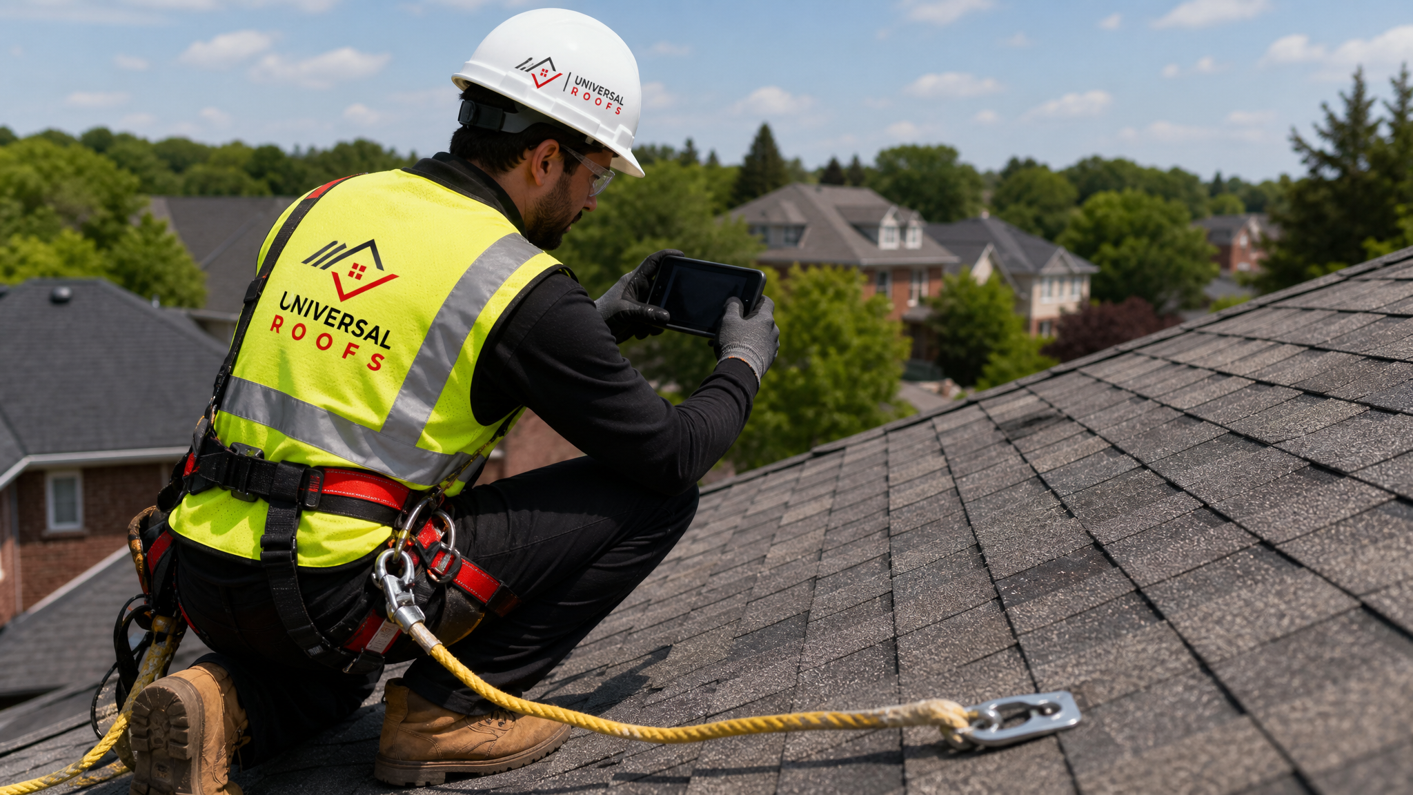 Roofing contractor in full safety harness inspecting hail-damaged asphalt shingles on a Toronto roof for an insurance claim