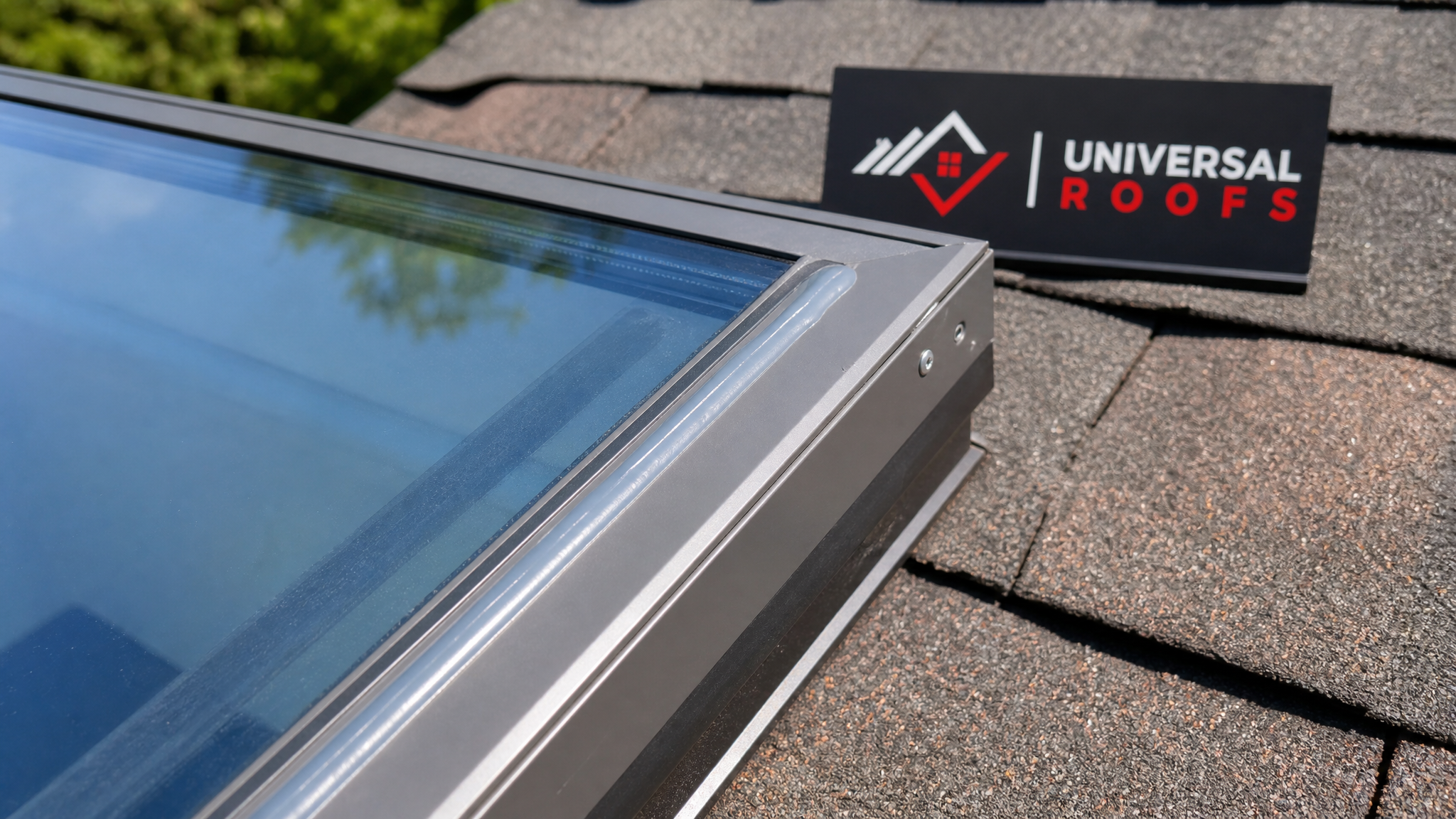 Close-up detail of a skylight frame corner showing a fresh UV-resistant silicone seal bead and clear laminated glazing, with a Universal Roofs branded sign placard visible nearby