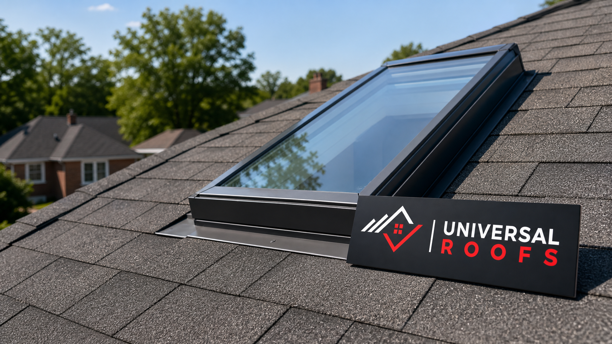 A modern Toronto home skylight on a clear summer day with clear, undamaged glazing and a Universal Roofs branded sign placard resting nearby on the roof