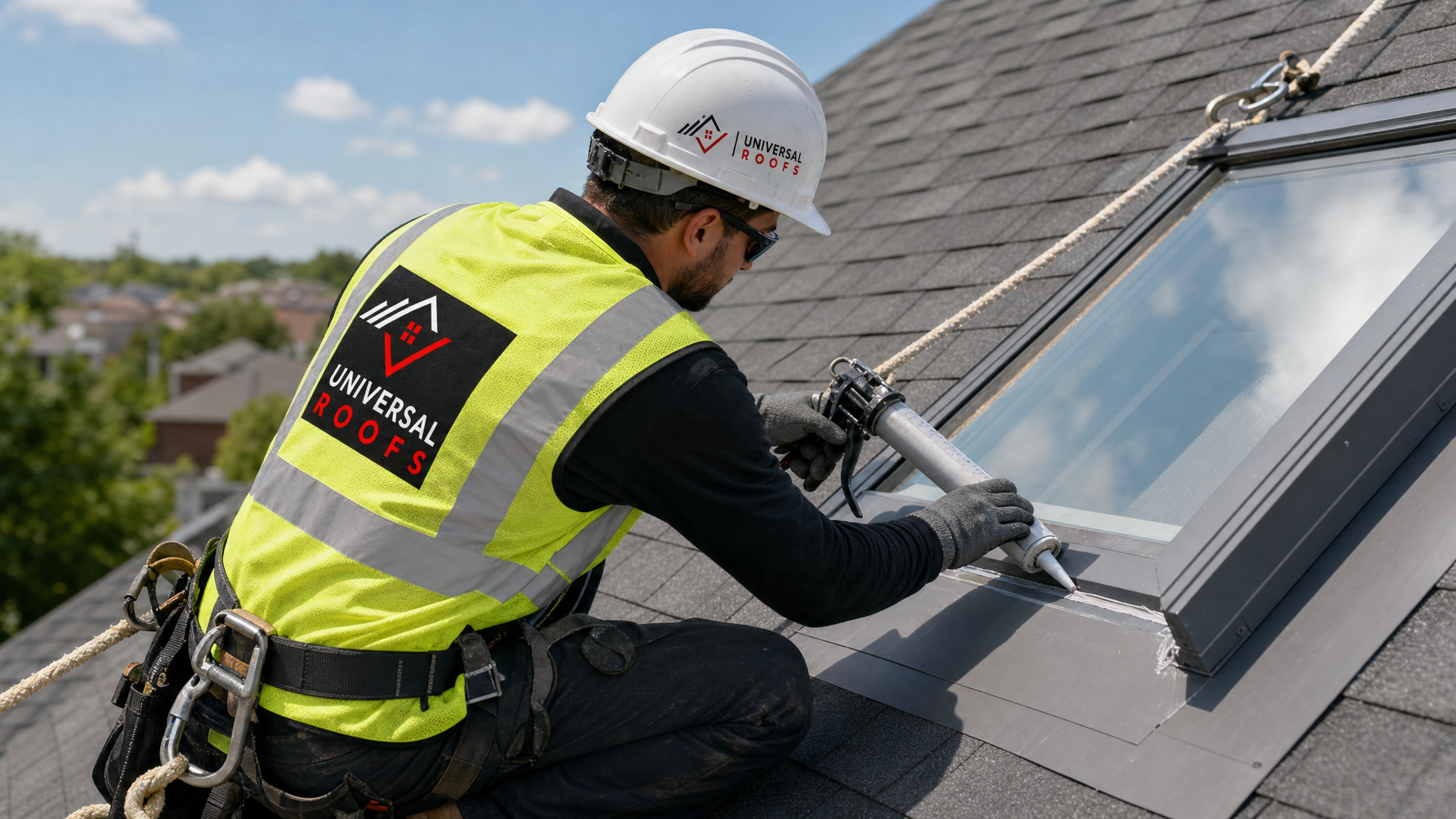 A roofing technician wearing full safety gear including a harness and safety rope inspecting and resealing the flashing around a residential skylight on a sunny day