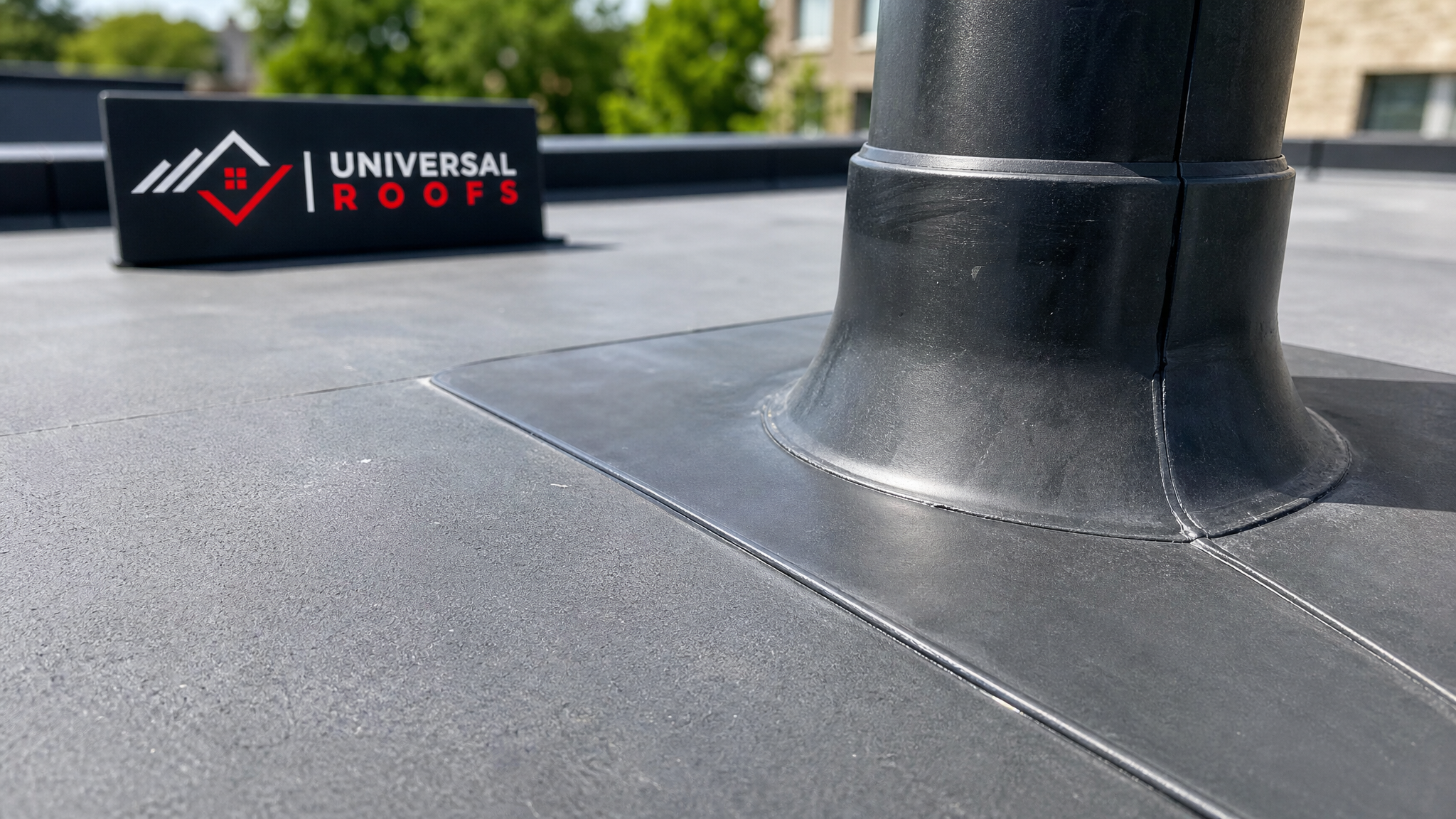 Close-up detail of a properly sealed flat roof membrane seam and flashing joint with a Universal Roofs branded sign placard nearby