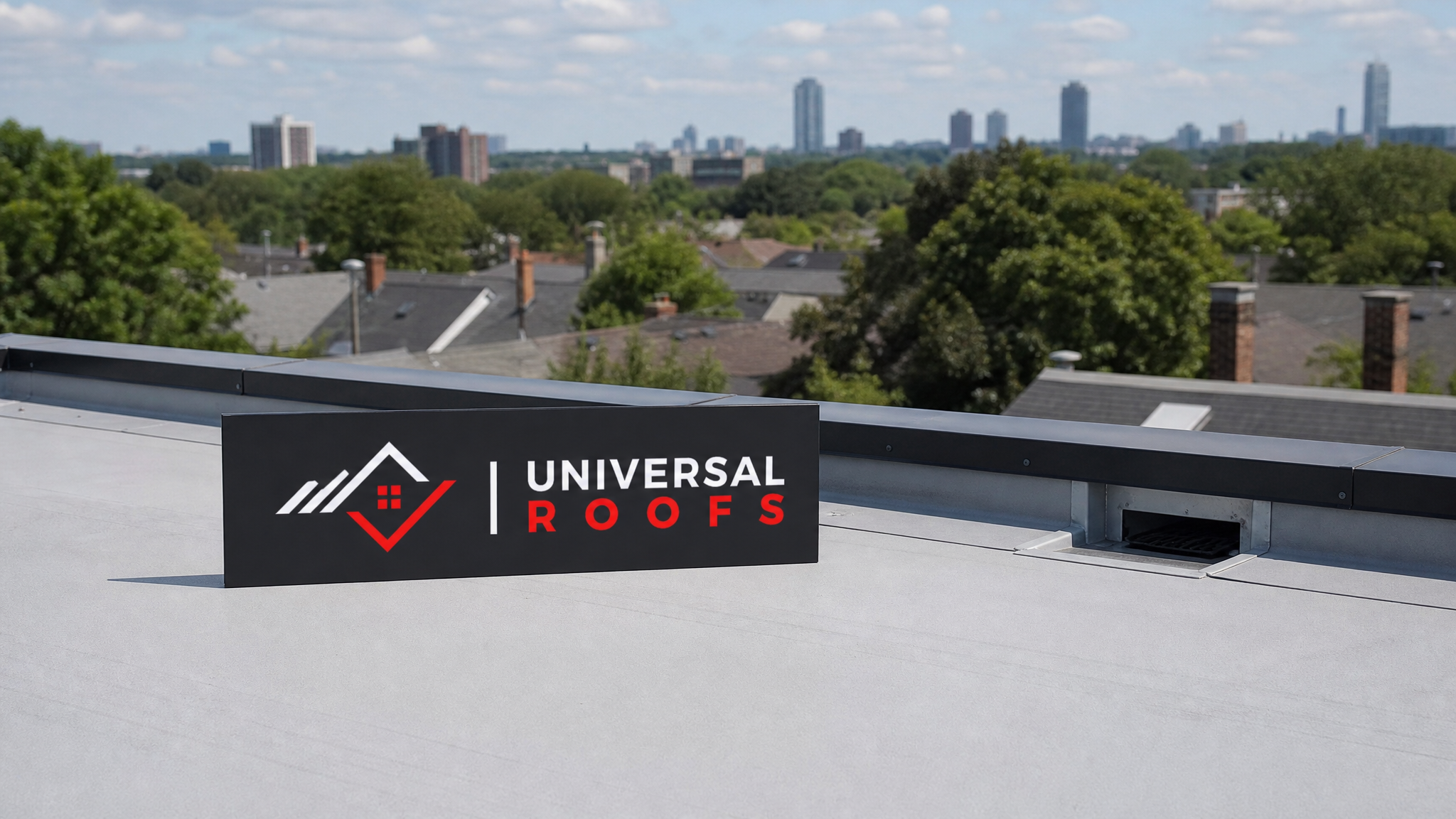 A well-maintained flat roof in Toronto with clean membrane, clear drains and no ponding water on a sunny summer day