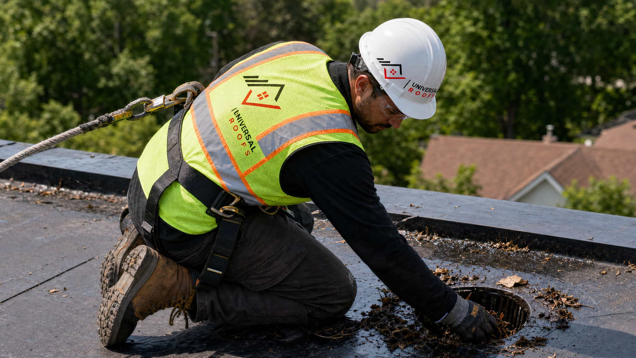 A roofing technician wearing full safety harness and PPE clearing debris from a flat roof drain during a maintenance inspection