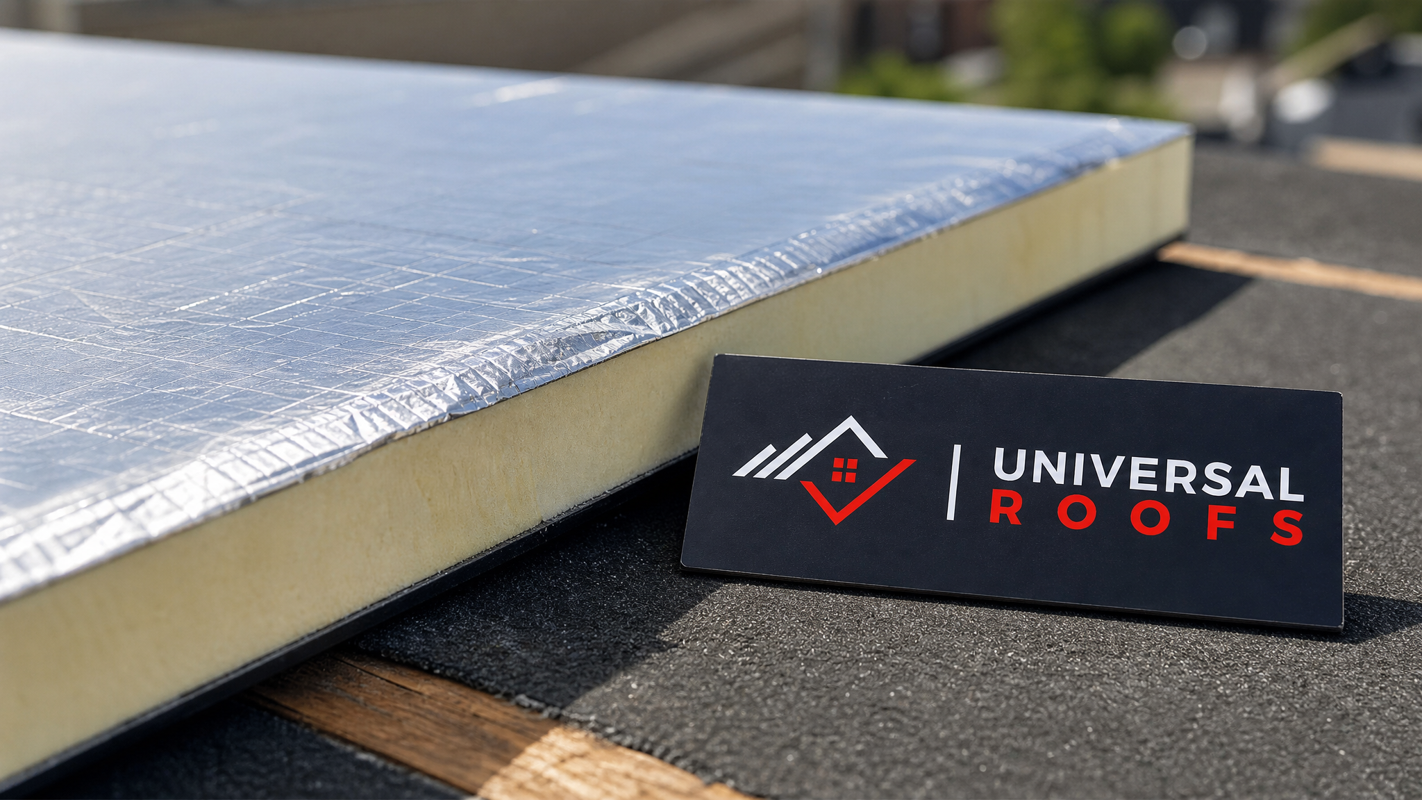 Close-up of a foil-faced rigid foam insulation board edge showing a moisture-resistant vapour barrier layer with a small branded sign placard beside it