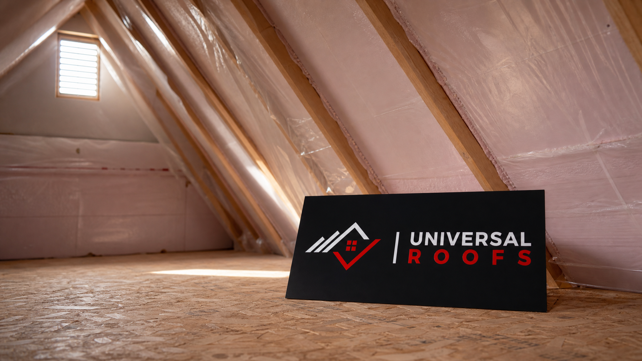 A dry, well-insulated Toronto attic in summer daylight showing clean rigid foam insulation boards and a Universal Roofs branded sign placard resting nearby