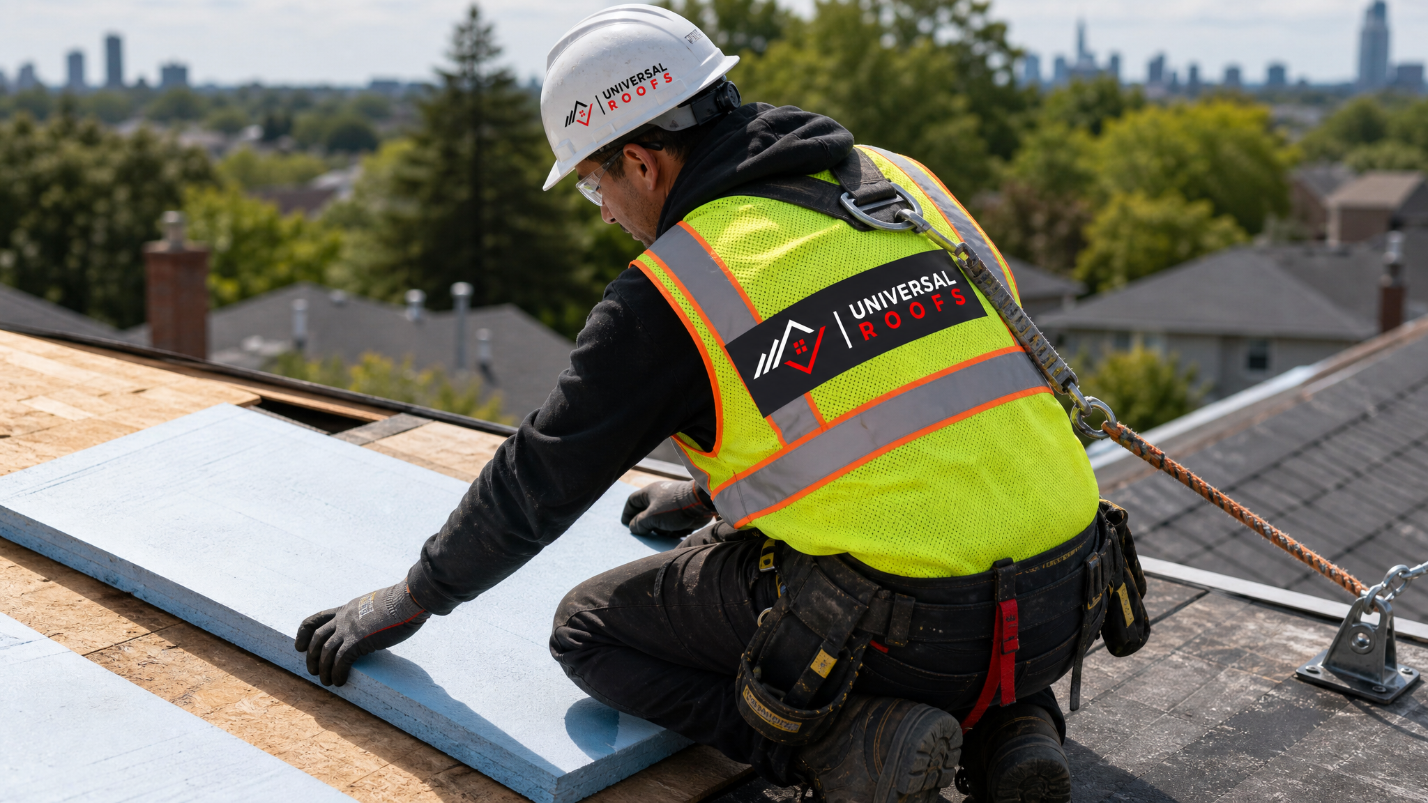 A roofing technician wearing full safety PPE and a fall-protection harness installs moisture-resistant insulation board on a sloped roof deck in daylight
