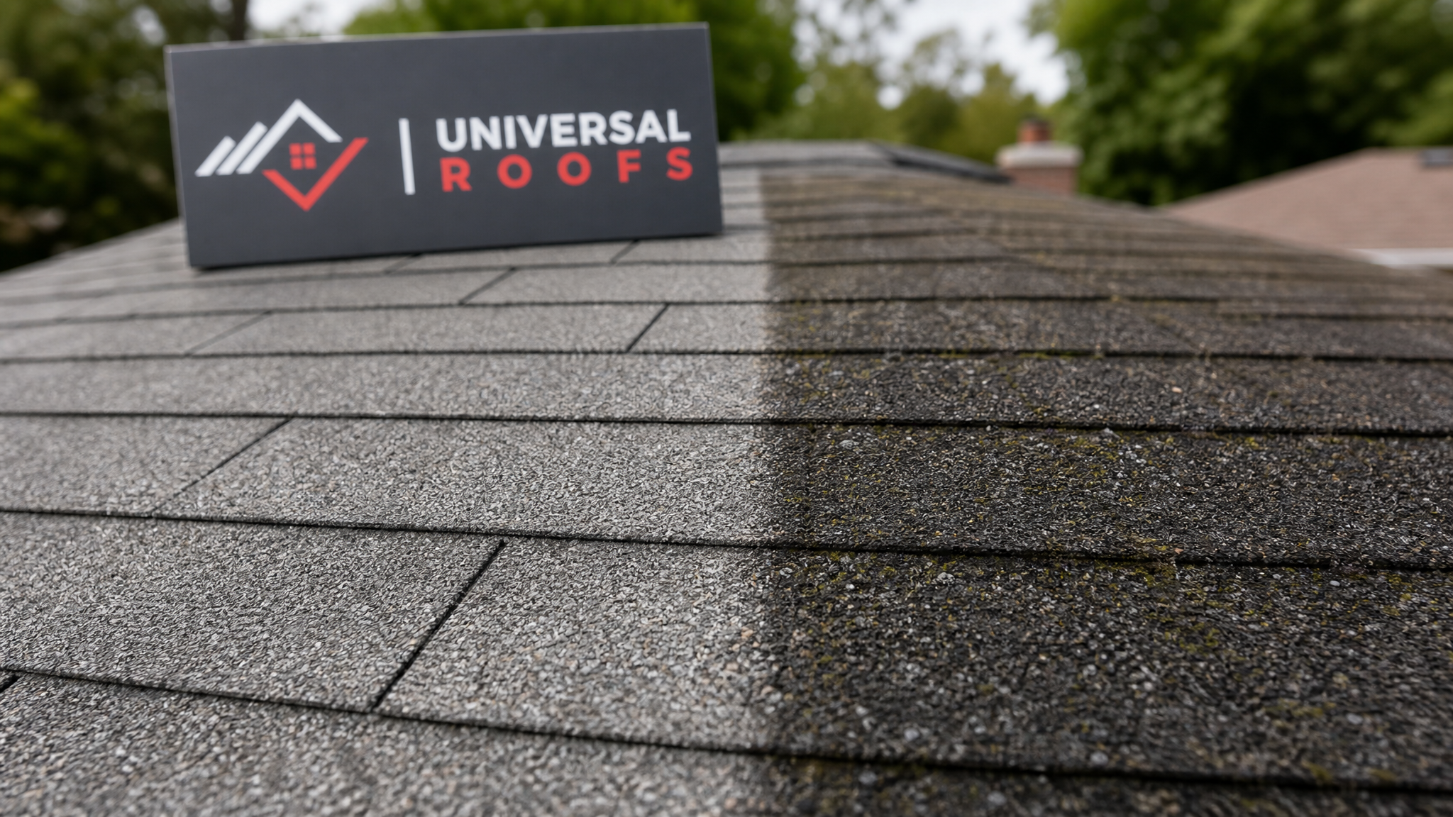 Close-up detail of asphalt shingle granules and a soft-washed clean surface next to an untreated algae-streaked section, with a Universal Roofs branded sign placard visible