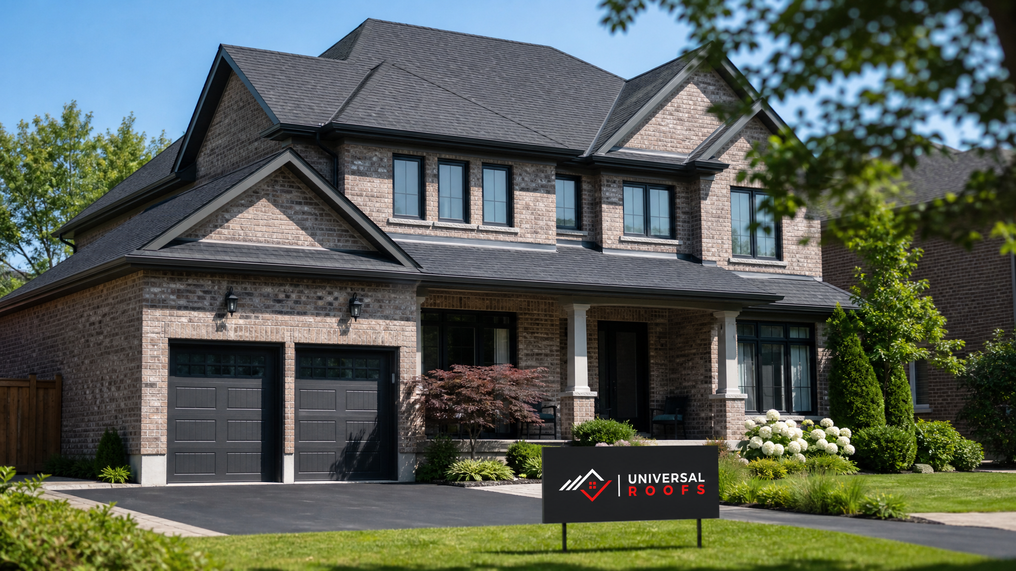 A freshly cleaned asphalt shingle roof on a Toronto home in bright summer daylight, streak-free and free of moss, with a Universal Roofs branded sign placard resting on the lawn nearby