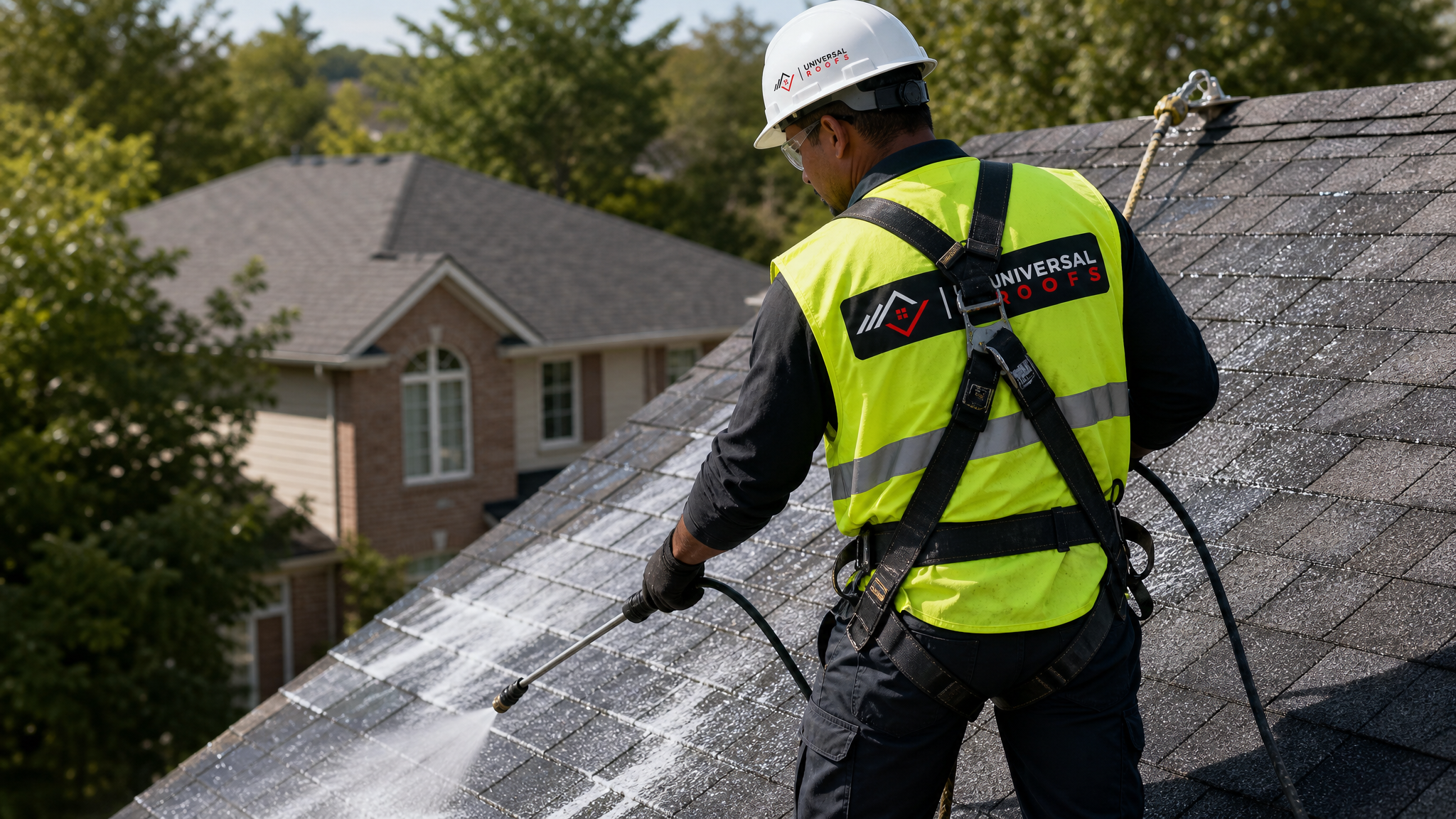 A roofer wearing a hard hat, high-visibility safety vest, safety glasses, gloves, and a fall-protection harness with safety rope, soft-washing an asphalt shingle roof on a Toronto home in daylight