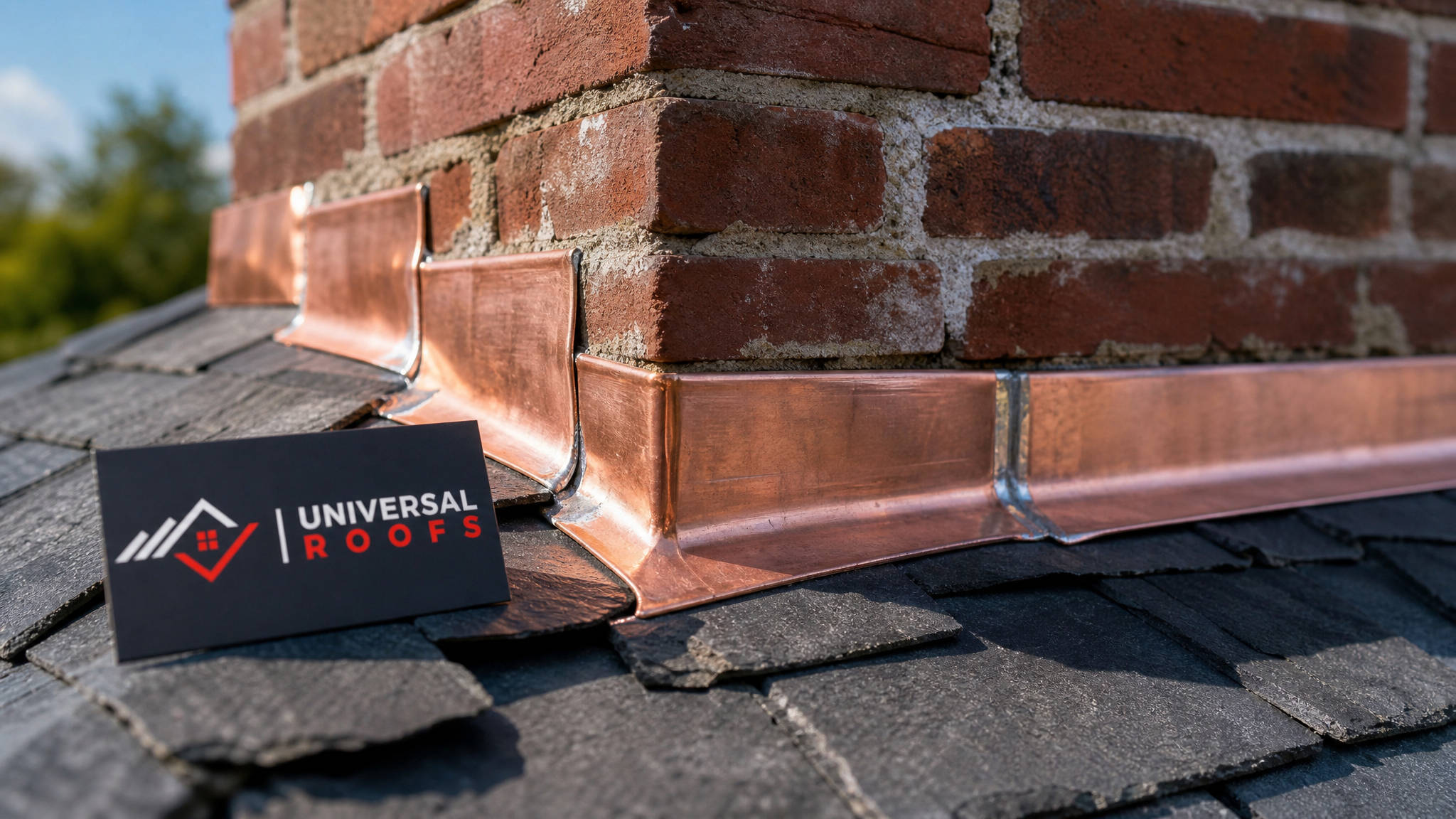 Close-up of hand-soldered copper flashing detail around a chimney on a heritage roof in the GTA