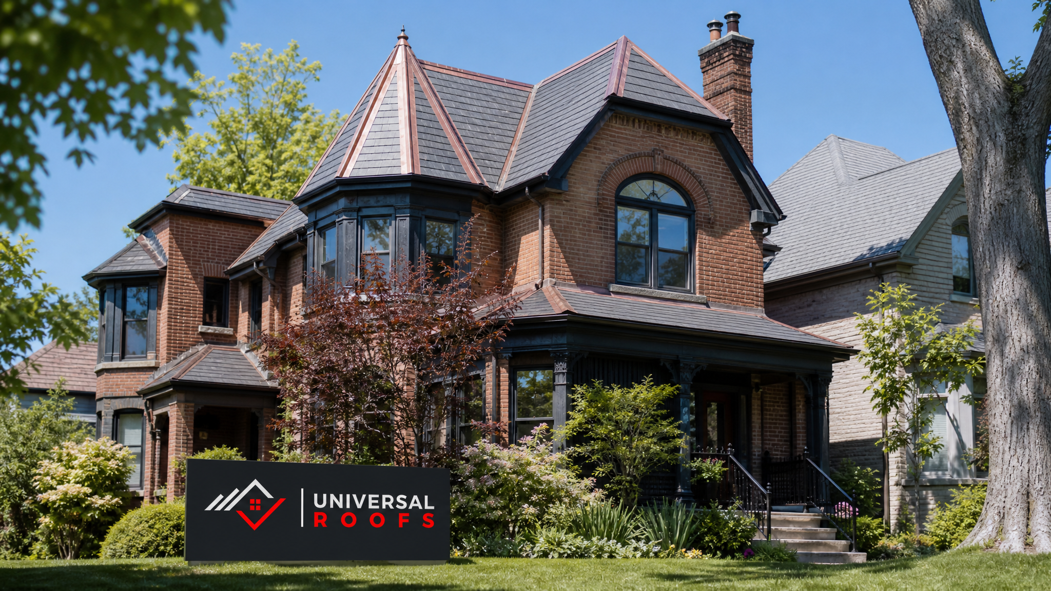 Restored heritage home roof with slate tiles and copper flashing under clear summer sky in Toronto