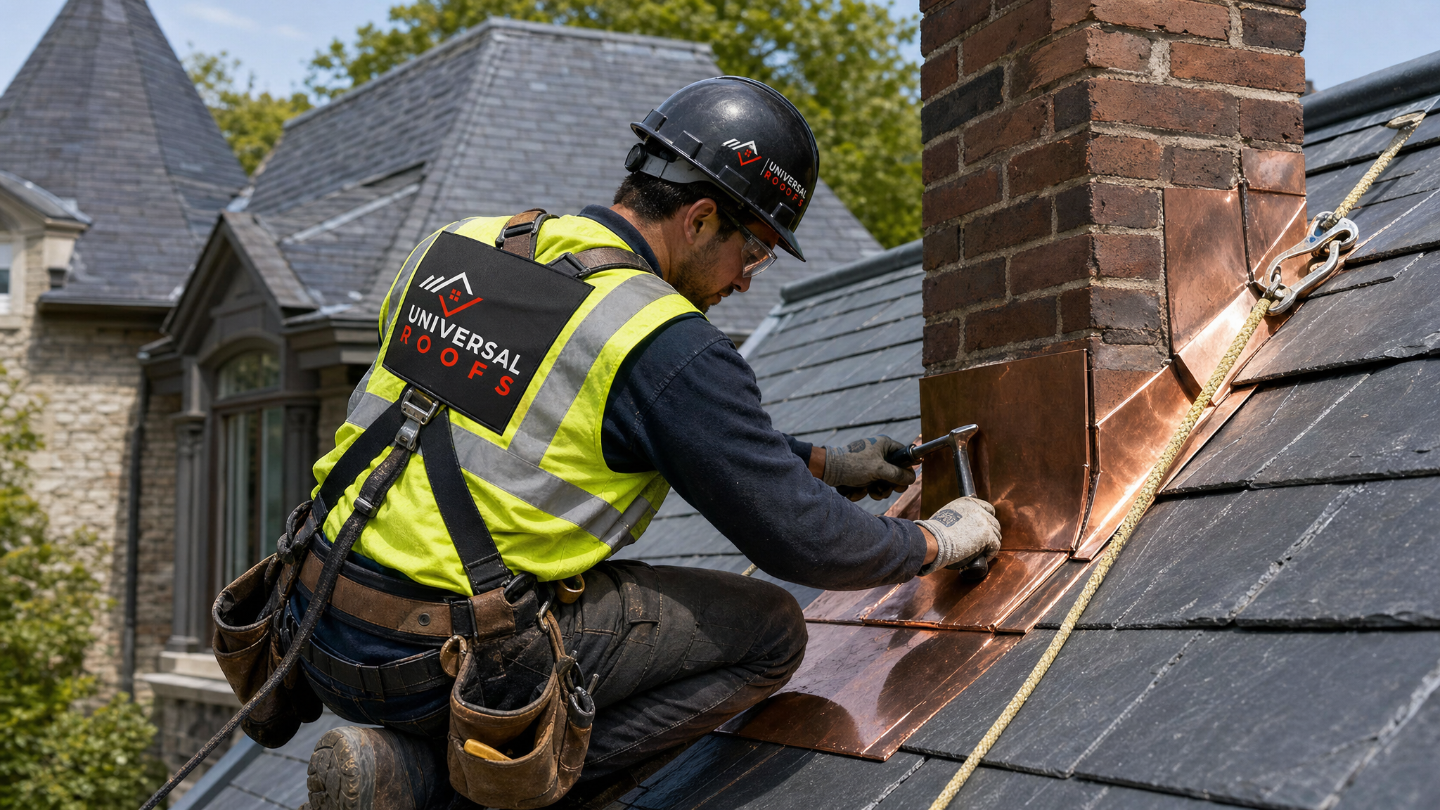 Roofer wearing full safety harness carefully re-flashing a chimney on a historic slate roof in Toronto