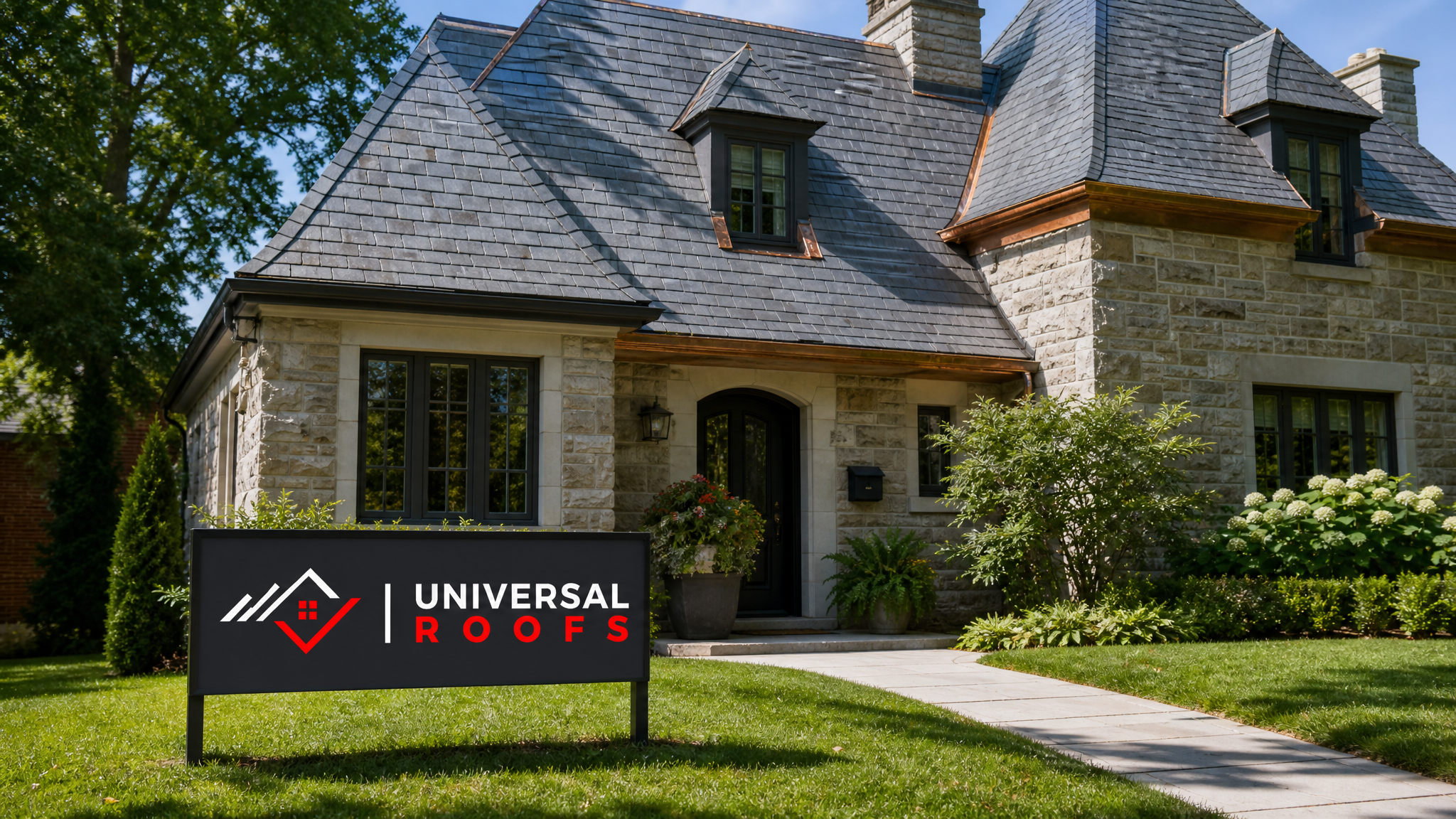Restored heritage slate roof on a Toronto century home in summer daylight with Universal Roofs sign placard
