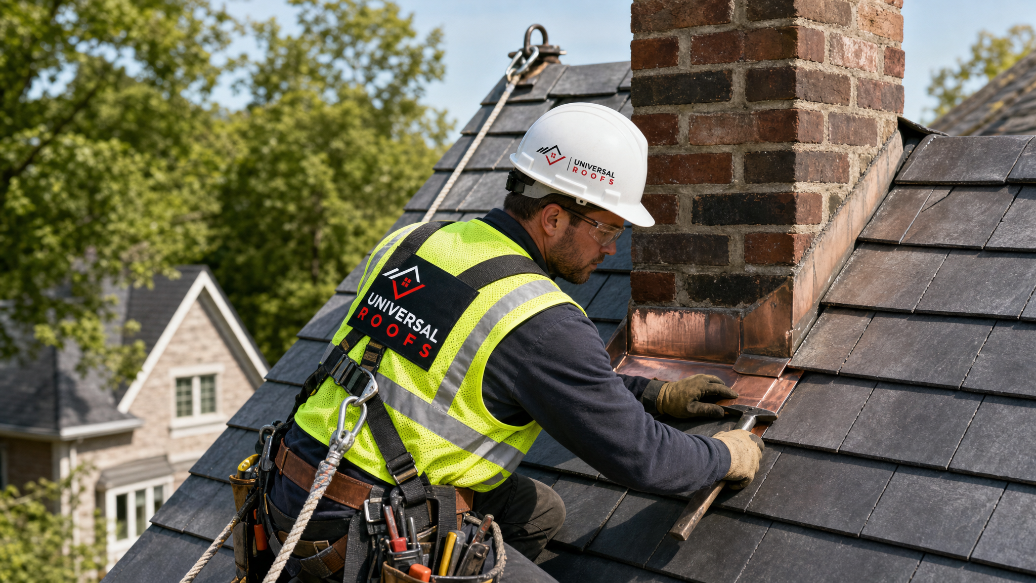 Roofer in full safety harness inspecting slate flashing on a heritage Toronto home in summer