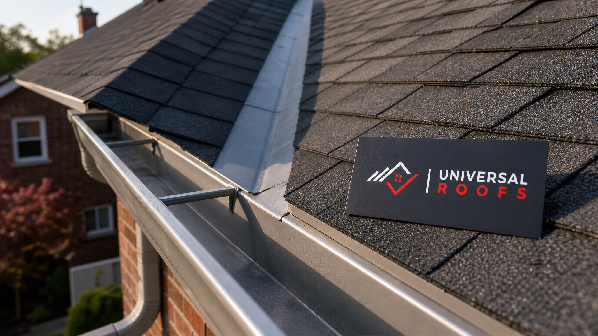 Close-up of a roof valley and gutter section cleared of debris, showing clean asphalt shingle granules and a Universal Roofs branded sign placard nearby