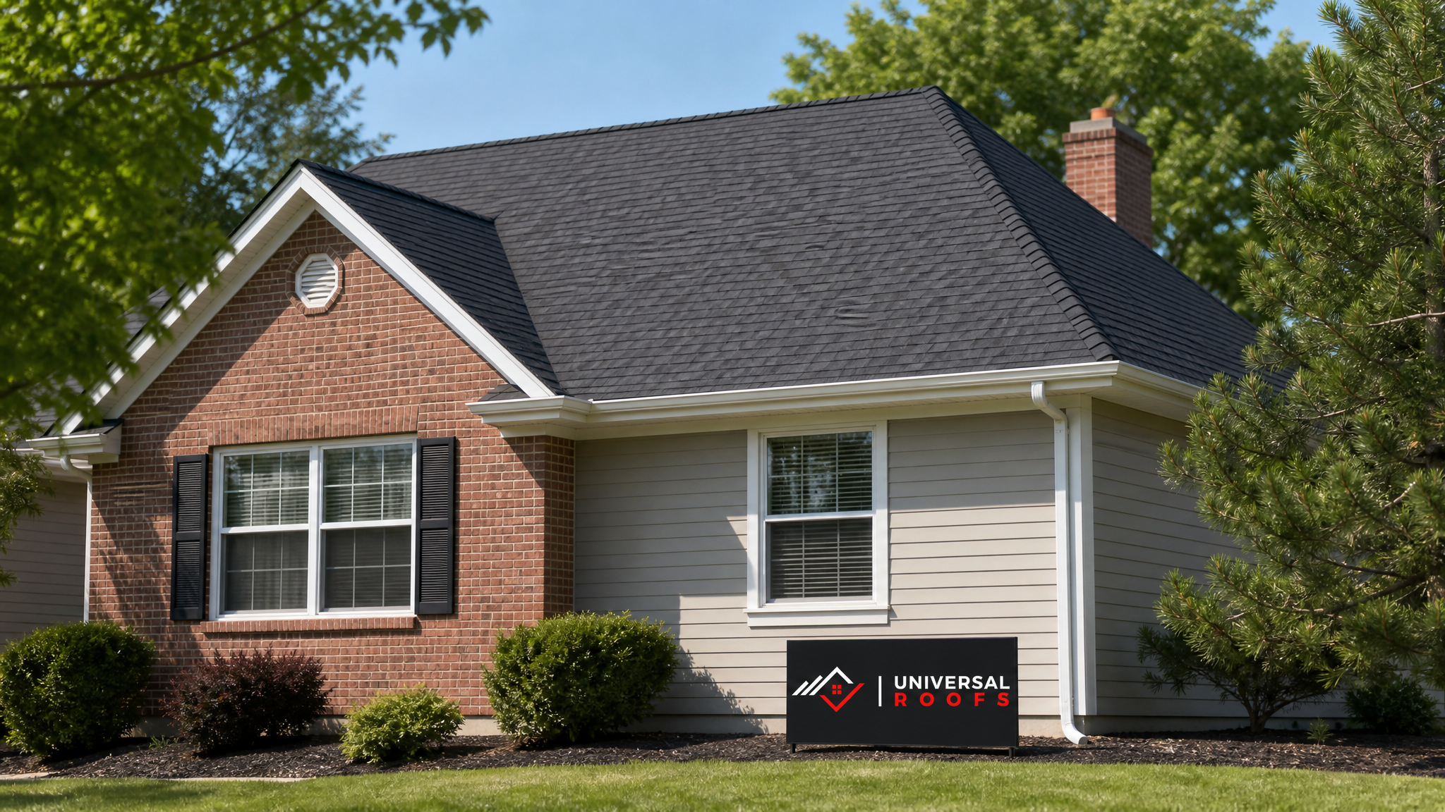 Freshly cleaned asphalt shingle roof on a Toronto home in summer daylight, free of debris and moss, with a Universal Roofs branded sign placard resting nearby