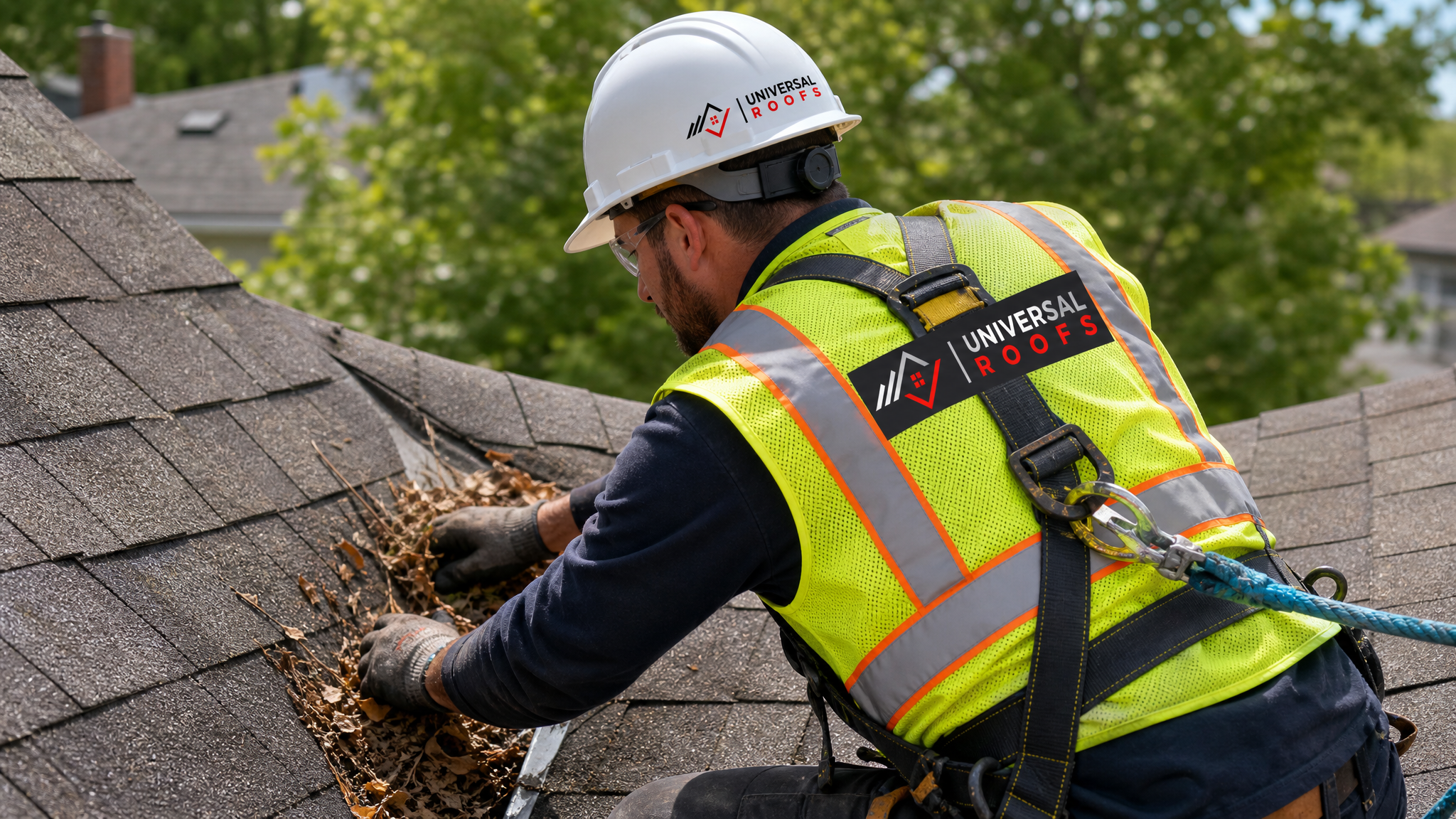 Universal Roofs technician wearing hard hat, hi-vis vest, safety glasses, gloves, and fall-protection harness clearing debris from a roof valley in Toronto daylight