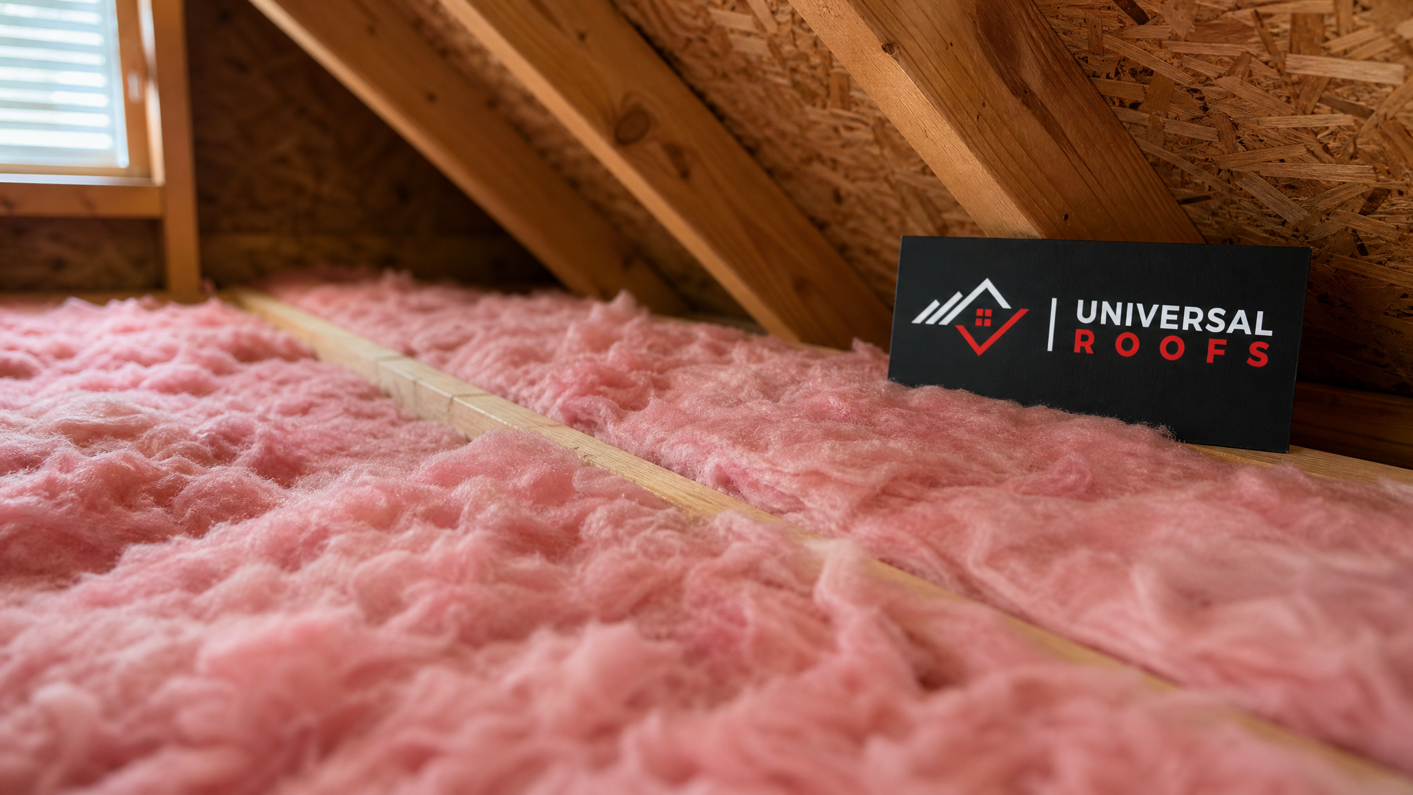 Close-up of attic insulation batts installed against roof decking to prevent ice dams