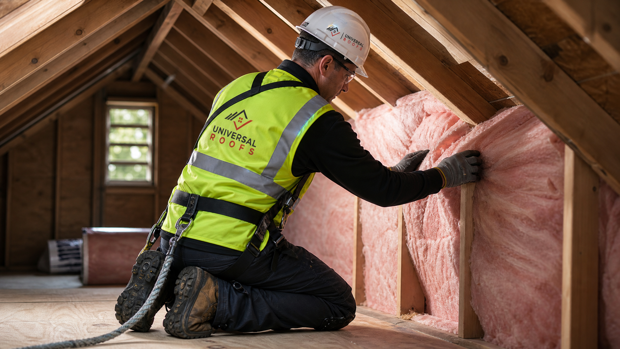 Technician installing attic insulation batts wearing full safety gear in a Toronto home