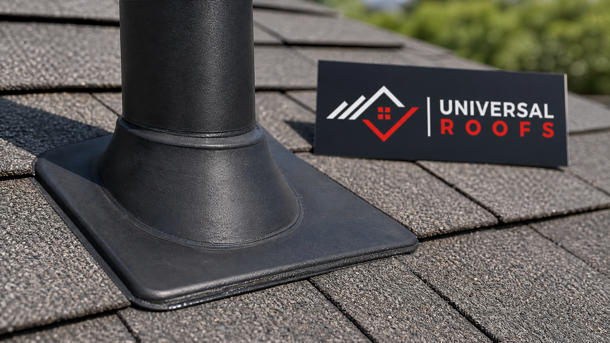 Close-up of new rubber vent boot flashing sealed against asphalt shingles on a residential roof