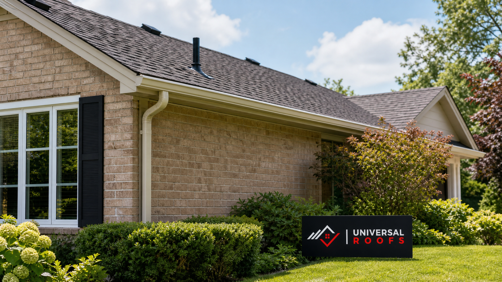 A well-maintained Toronto home roofline with clean gutters and intact shingles under bright summer daylight