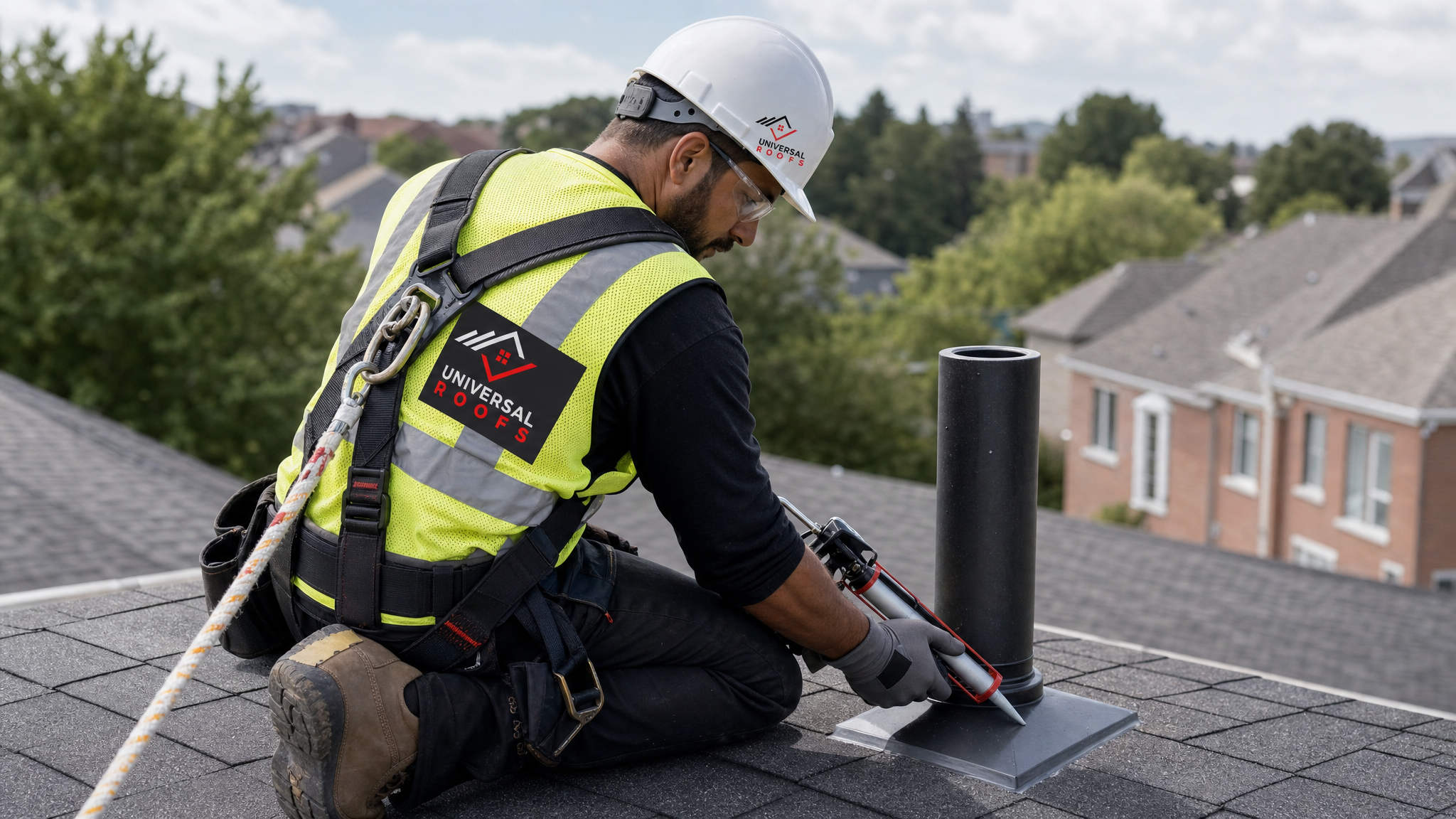 Roofer wearing full safety harness and PPE resealing flashing around a roof vent pipe on a Toronto home