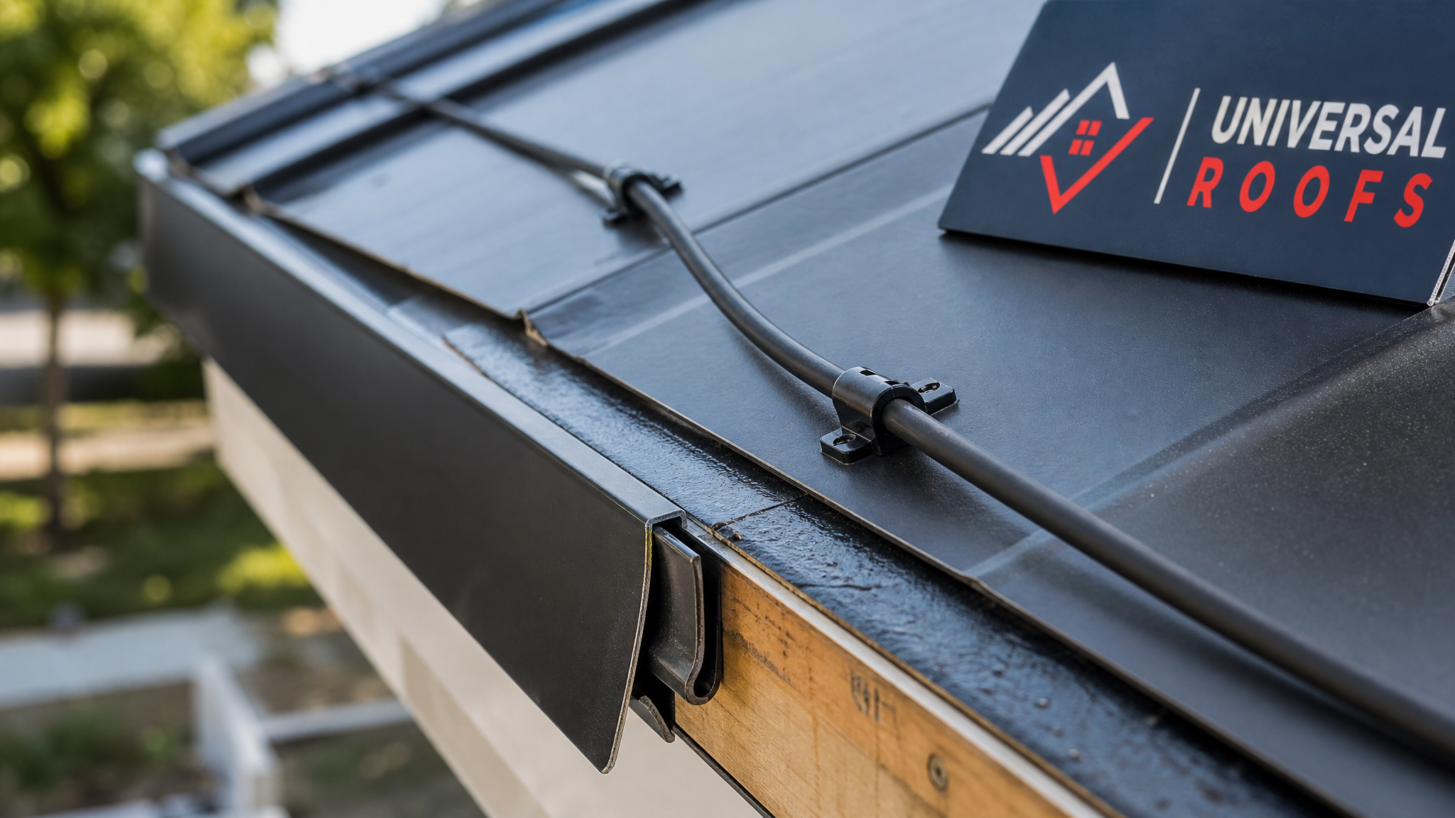 Close-up of a metal roof eave showing ice-and-water shield membrane, drip edge flashing, and heat cable clip detail