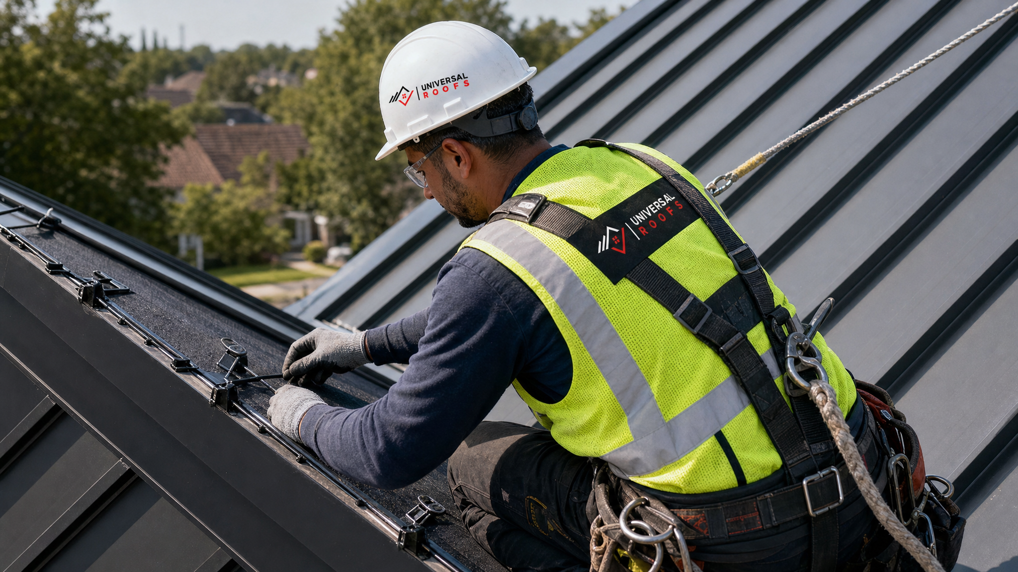 Roofing technician installing heat cable and ice-and-water shield along a metal roof eave while secured with a fall-protection harness