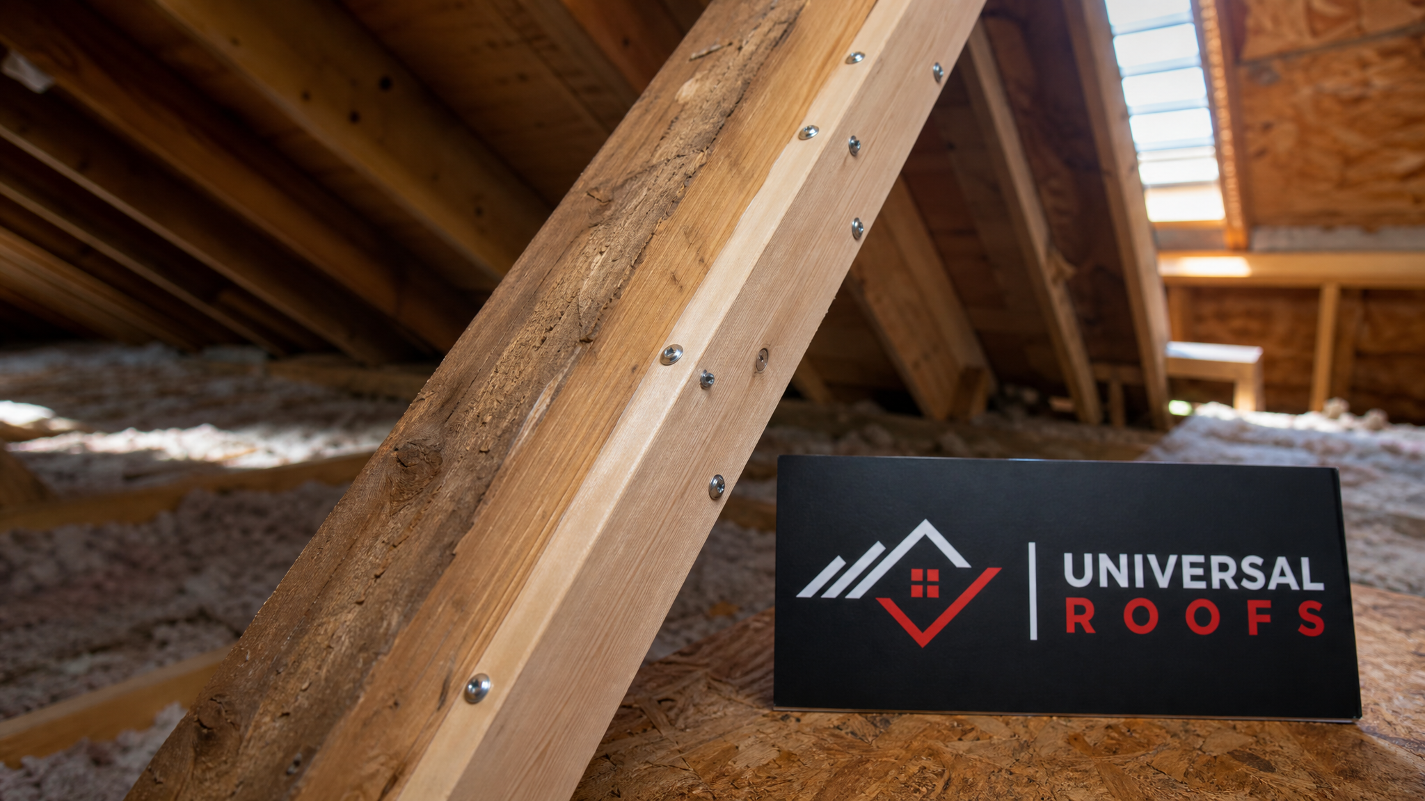 Close-up detail of a reinforced rafter connection with new sistered lumber and fasteners in a residential attic