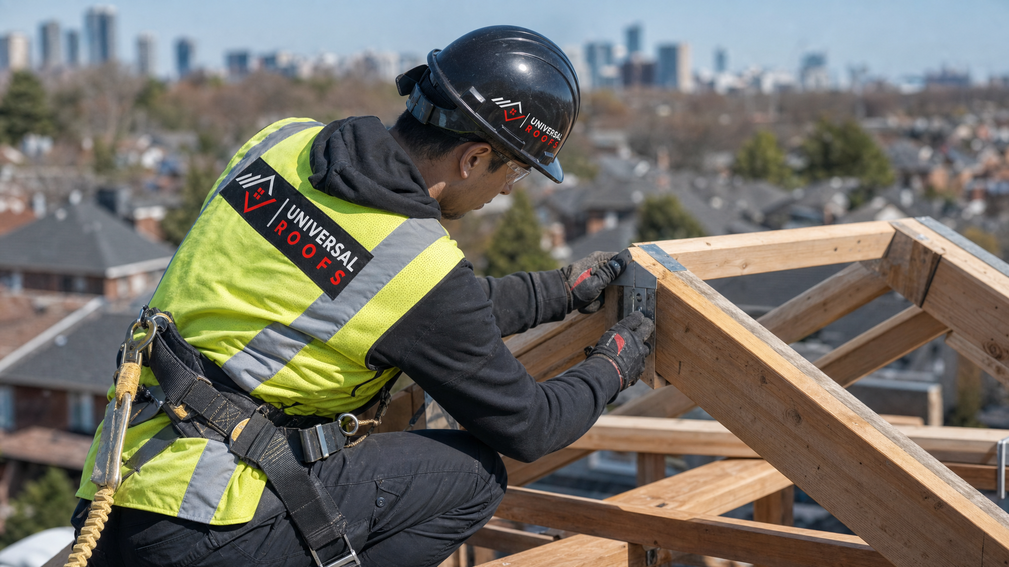 Roofing technician wearing full safety harness inspecting and reinforcing rafters on a residential roof in daylight