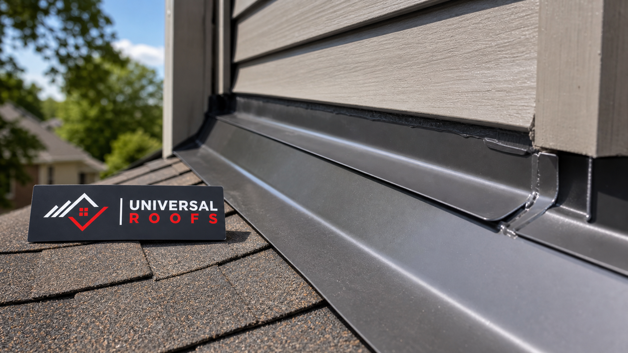 Close-up of roof flashing and shingle detail showing proper waterproofing technique with branded sign placard nearby