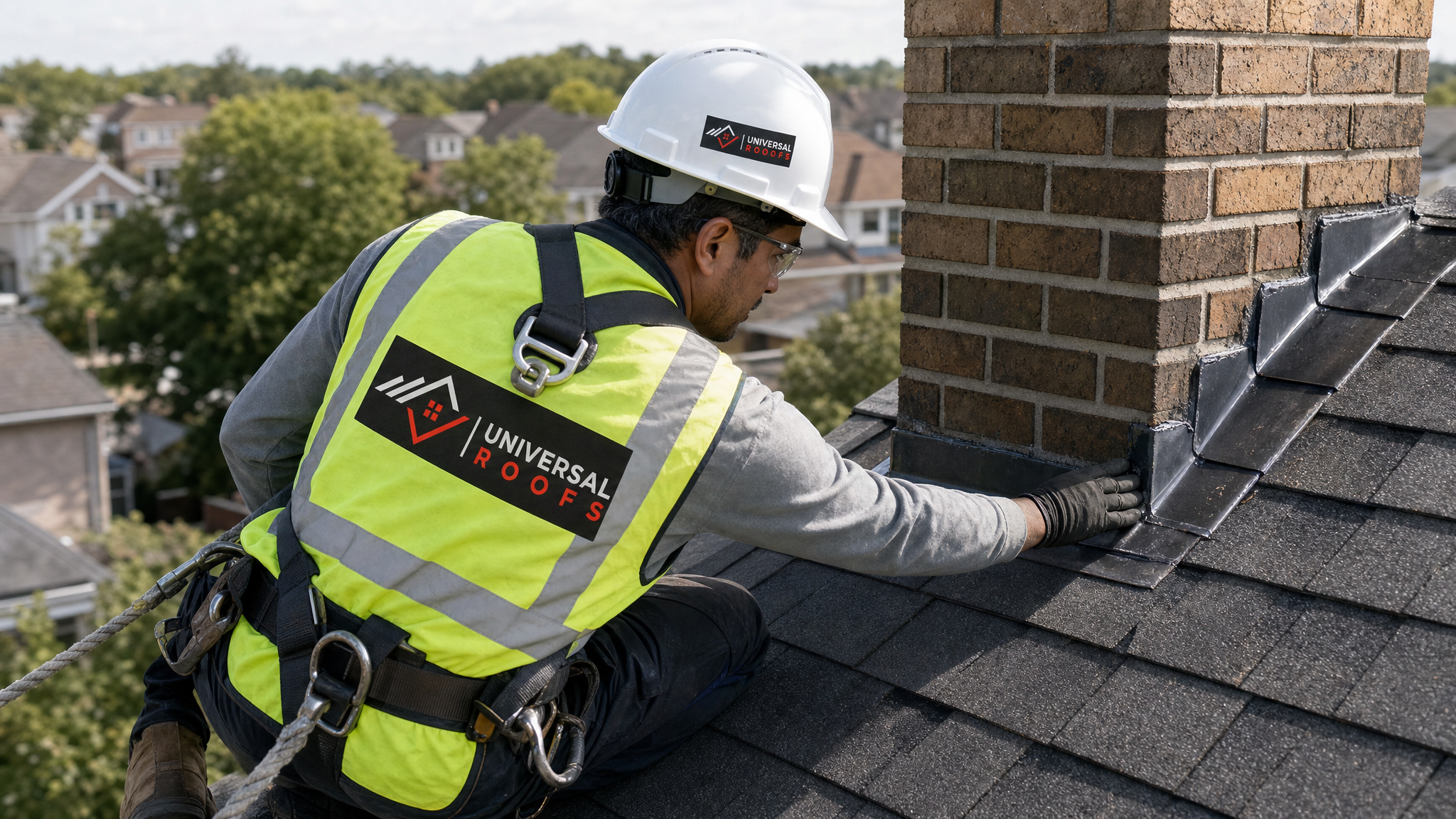 Roofer wearing full safety harness inspecting flashing and shingles on a Toronto-area roof in daylight