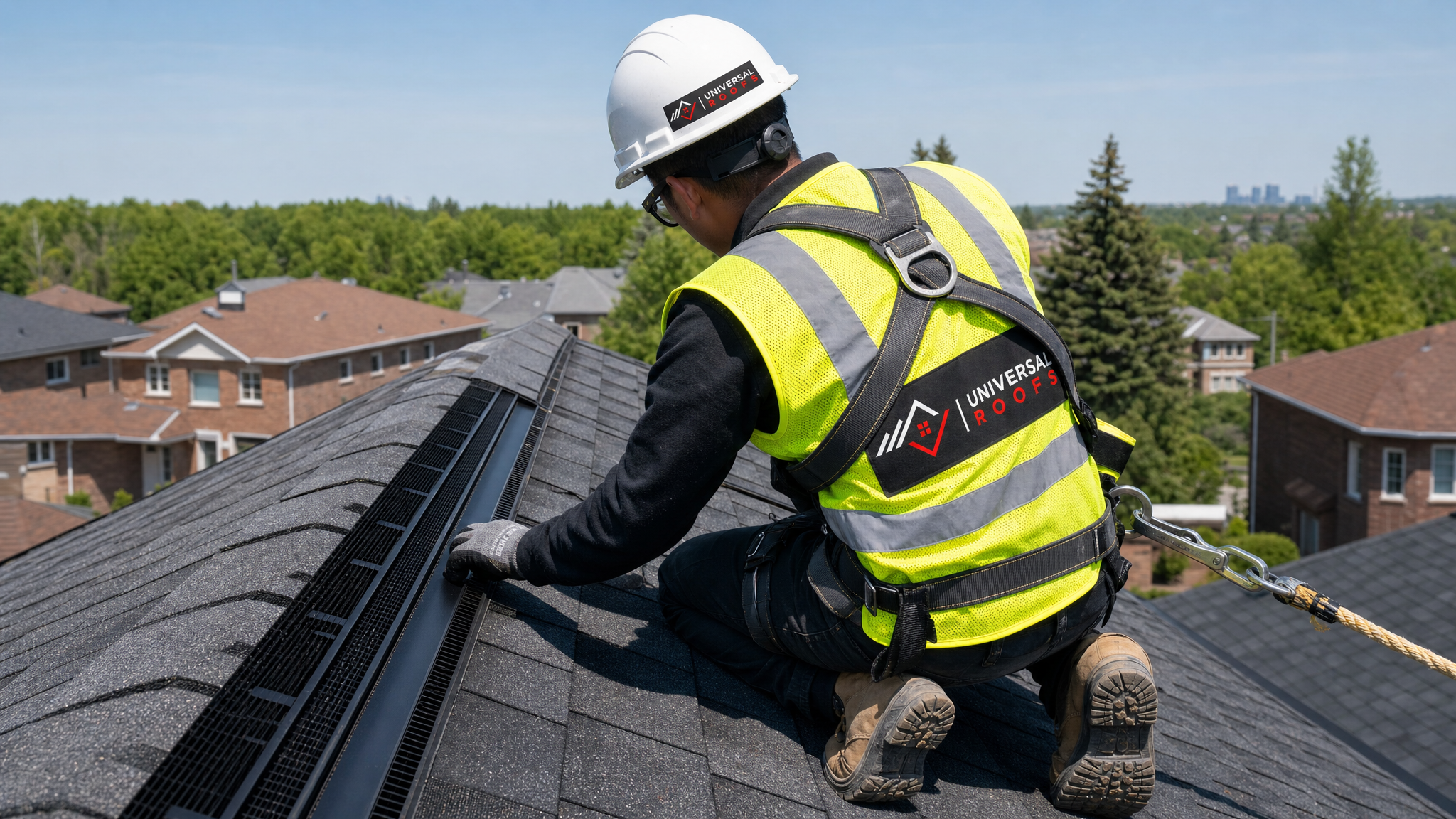 Roofing technician installing a ridge vent along the roof peak while secured with a fall-protection harness