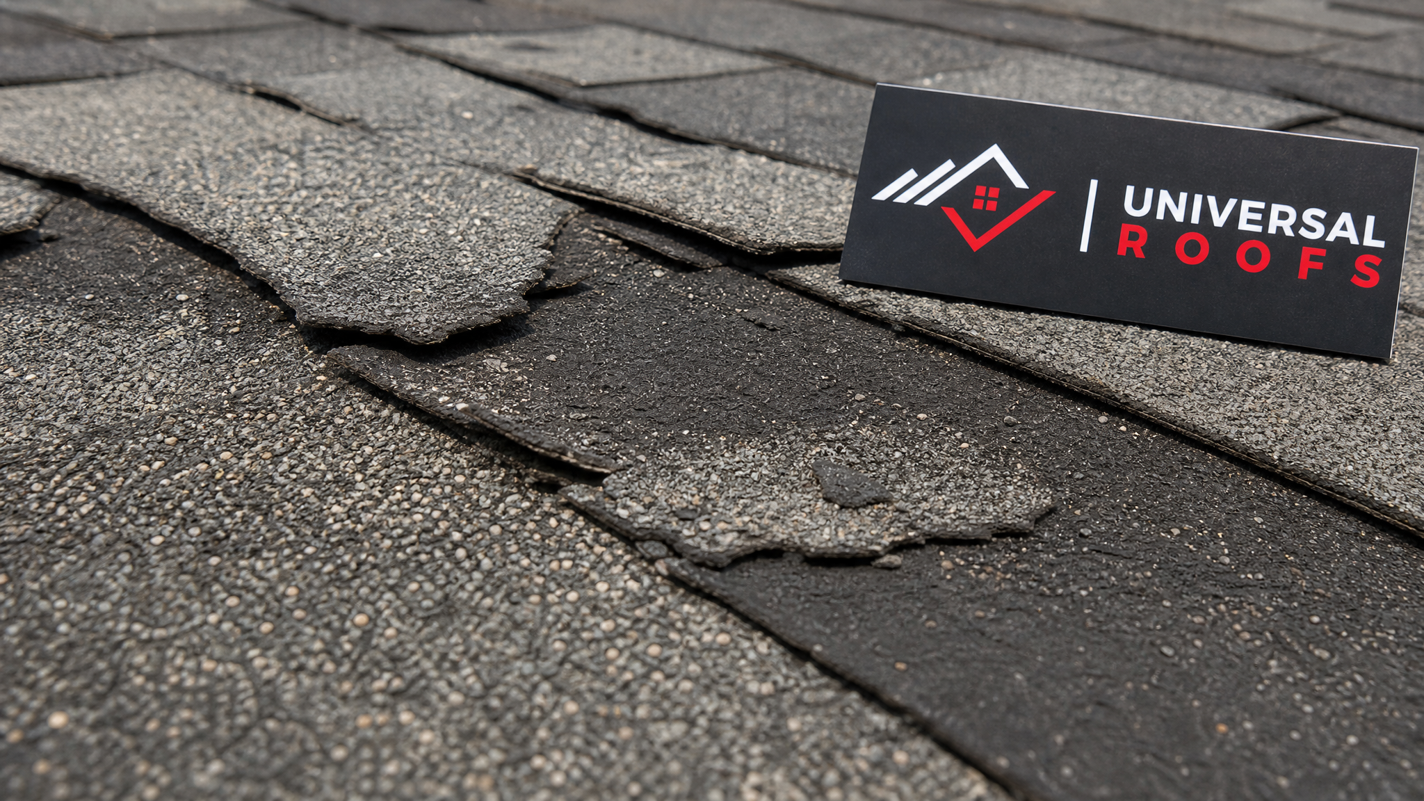 Close-up detail of asphalt shingle granule loss and edge curling on a roof, with a branded Universal Roofs sign placard visible nearby