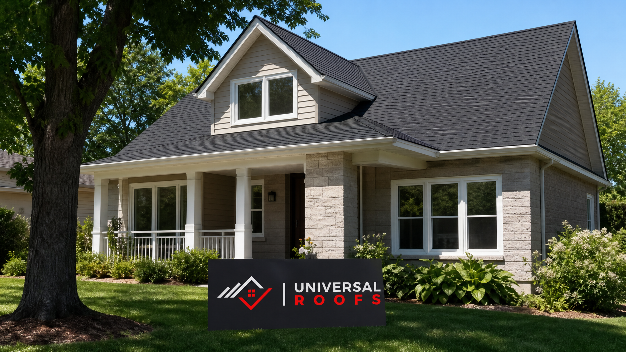 Well-maintained asphalt shingle roof on a Toronto home in summer daylight, showing even, undamaged shingle coverage with a branded Universal Roofs sign placard resting on the lawn in front