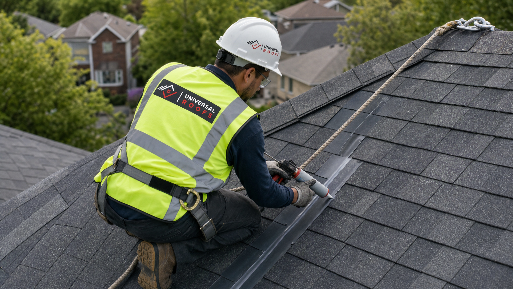 Roofer in full safety gear, harness and safety rope secured, inspecting and sealing shingle flashing at a roof valley on a sunny day in the GTA