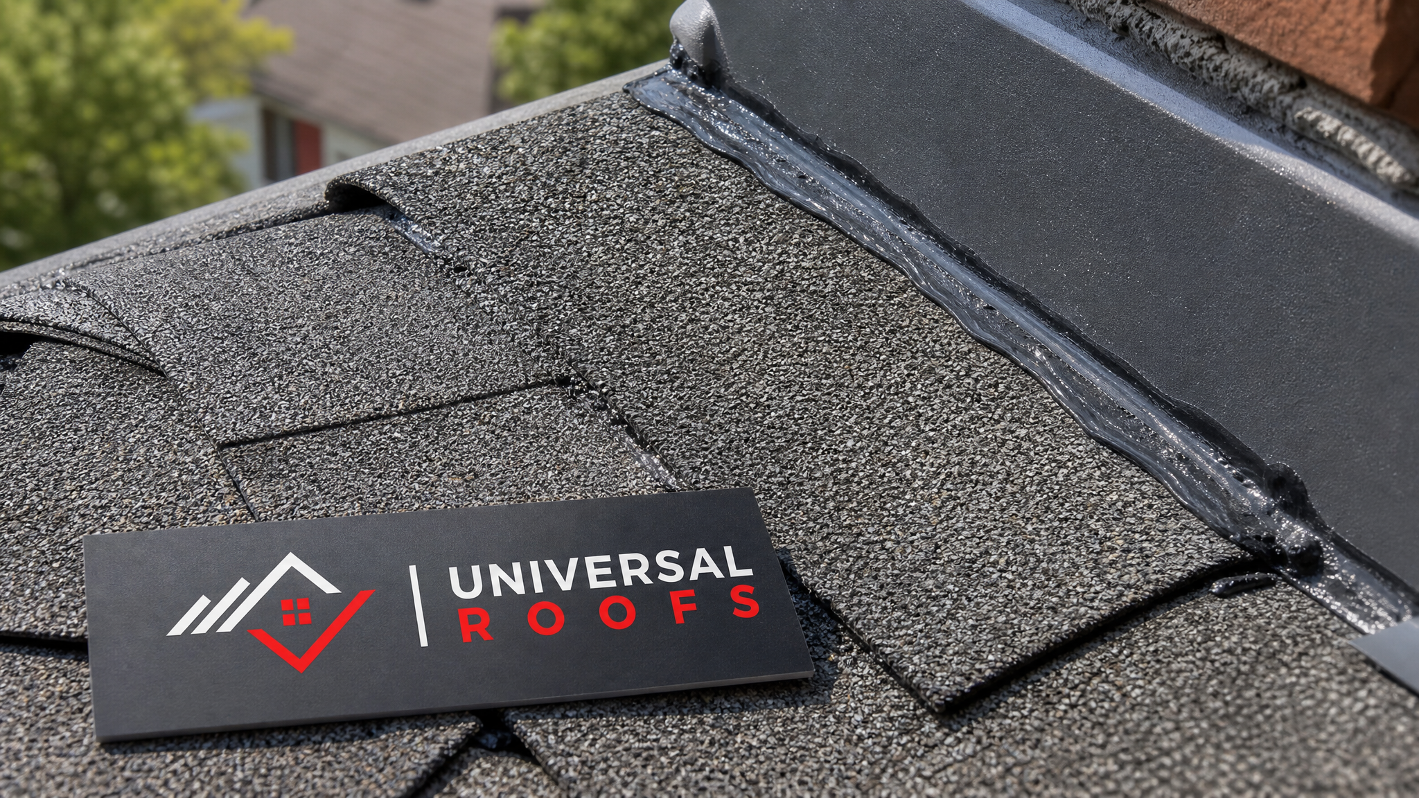 Close-up detail of new roofing shingle patch with sealed flashing edge and butyl sealant application on residential roof deck