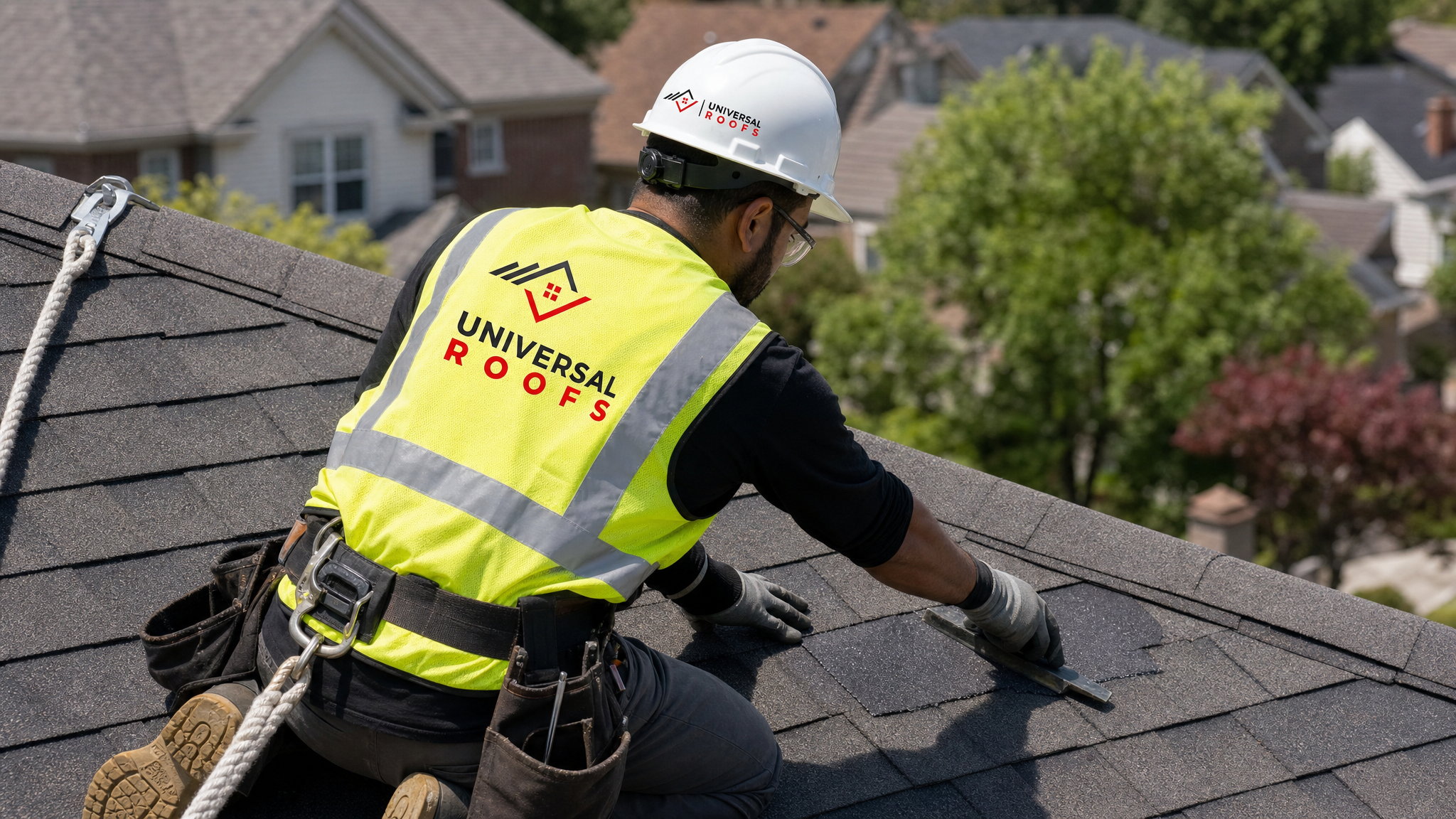 Roofer wearing hard hat, high-visibility vest, safety glasses, gloves and fall-protection harness carefully applying roofing sealant to a patched section on a residential roof in daylight