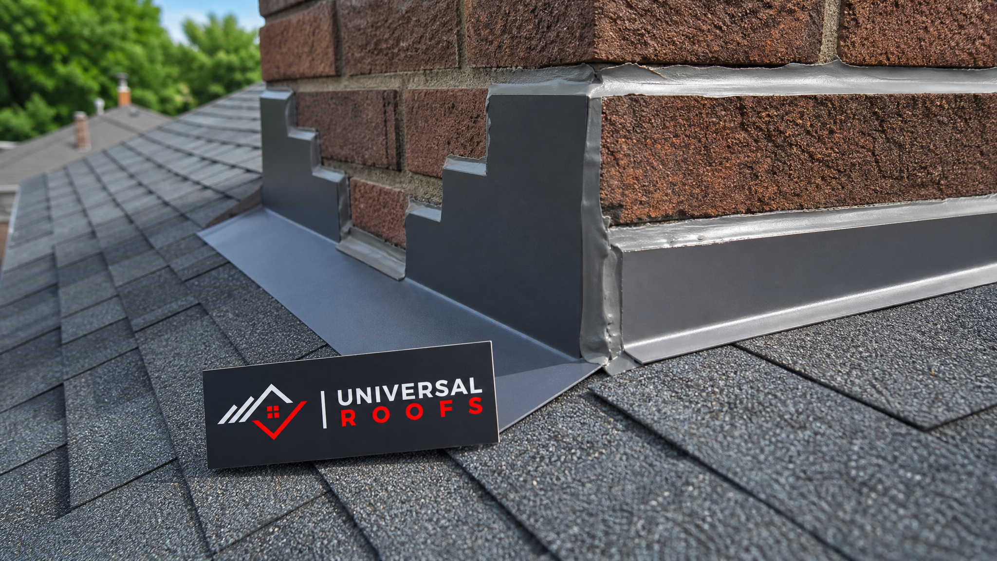Close-up detail of new roof flashing and sealant applied at a chimney base, with a Universal Roofs branded sign placard visible nearby