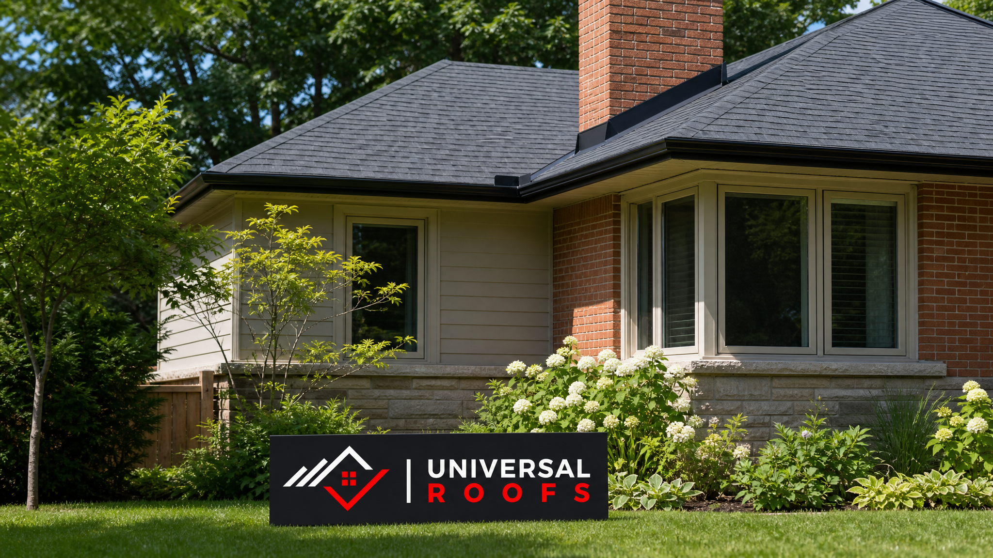 Dry, freshly repaired asphalt shingle roof on a Toronto home in summer daylight with a Universal Roofs branded sign placard resting on the lawn