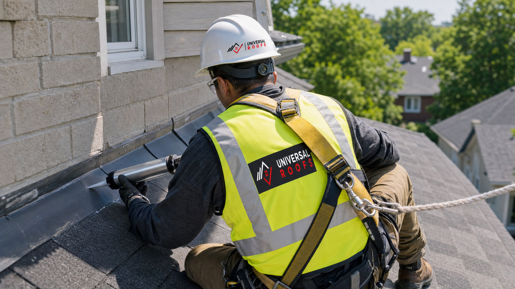 Roofer wearing hard hat, hi-vis vest, safety glasses, gloves, and fall-protection harness performing a flashing repair on a sloped roof in daylight