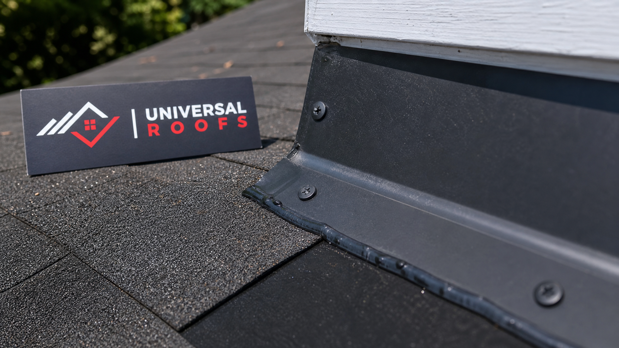 Close-up detail of newly sealed roof flashing and shingle edge showing clean sealant line and secure fasteners