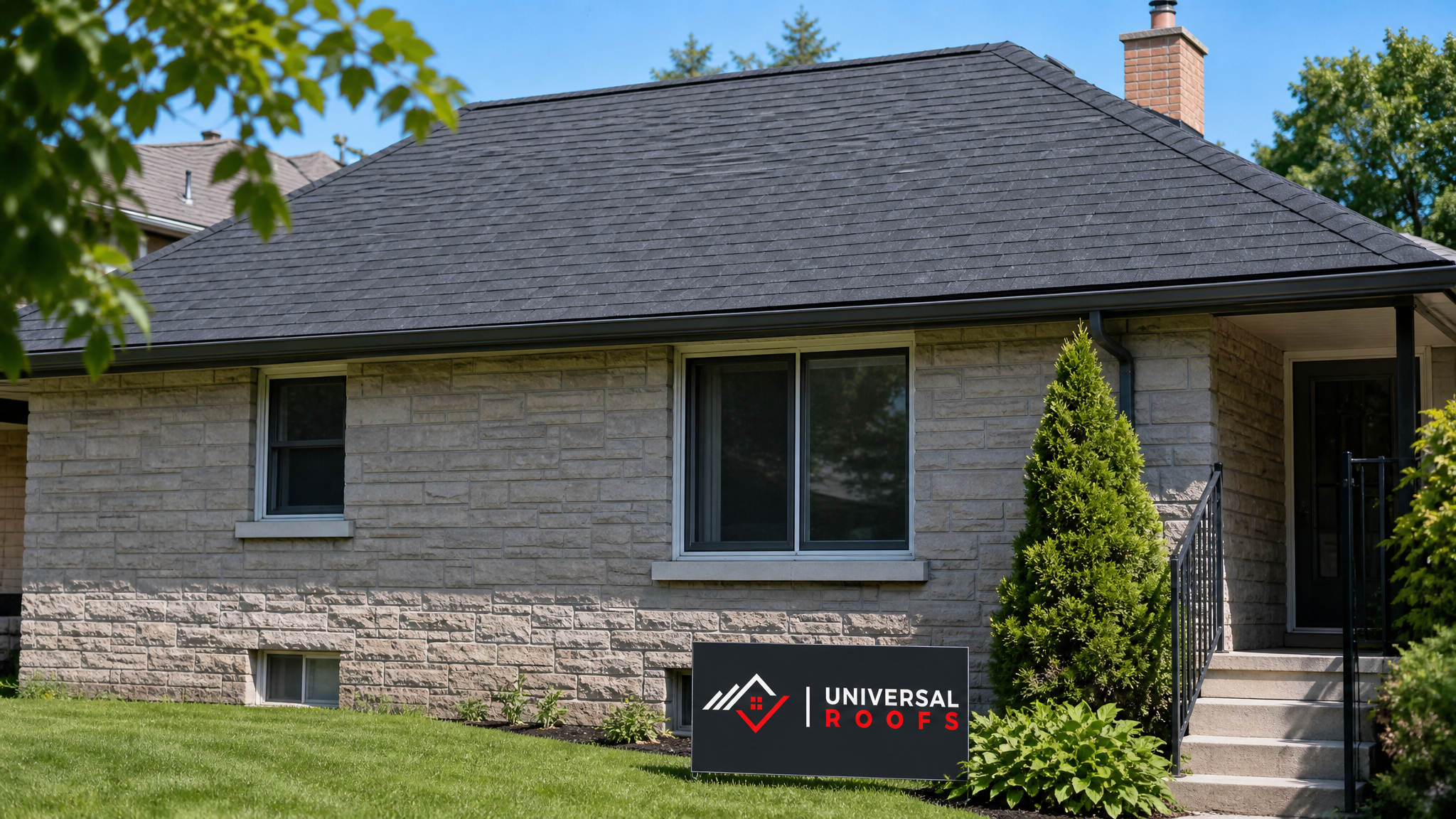Repaired asphalt shingle roof on a Toronto home under clear summer sky with no visible leak staining