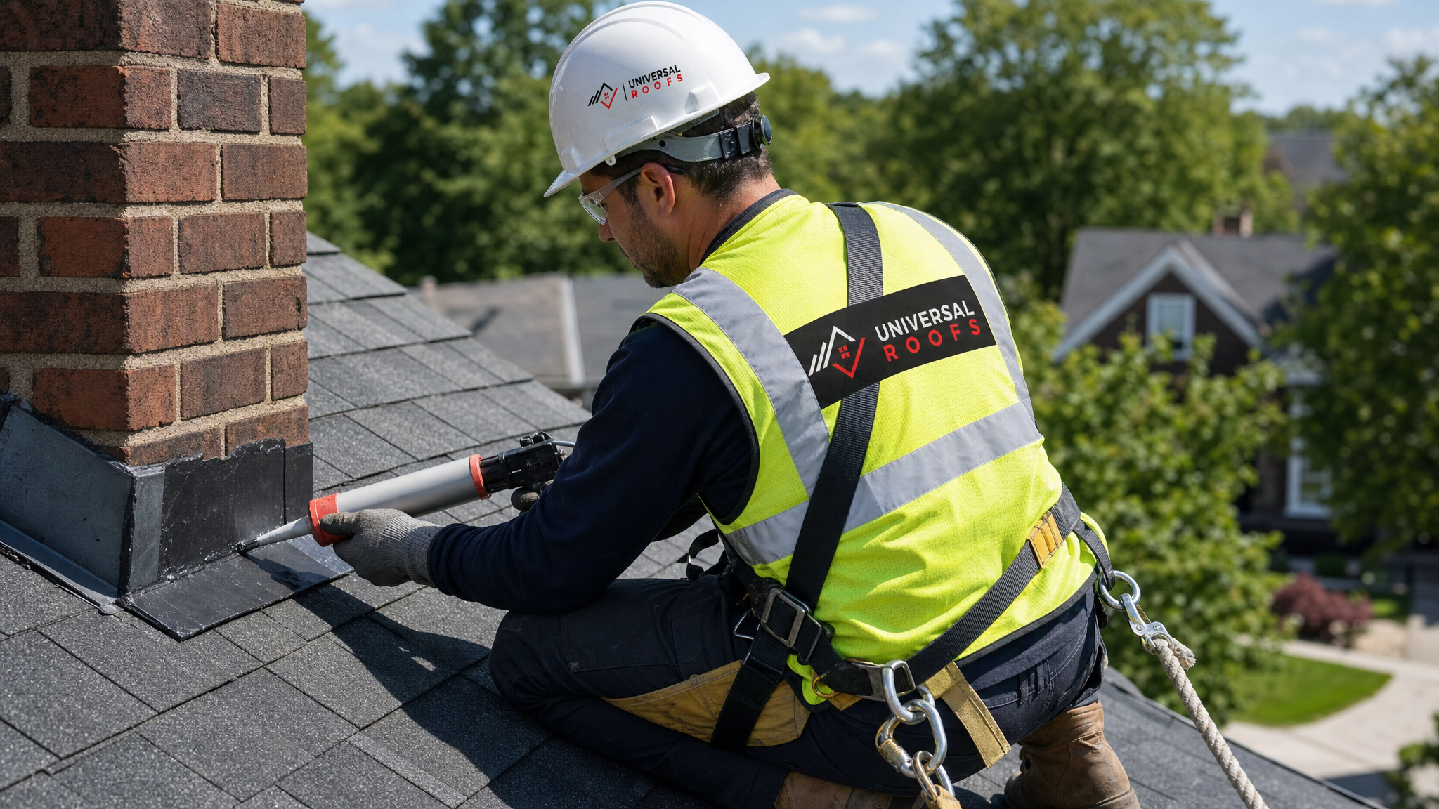 Roofer wearing hard hat, hi-vis vest, harness and safety rope inspecting and sealing flashing on a sloped roof in daylight
