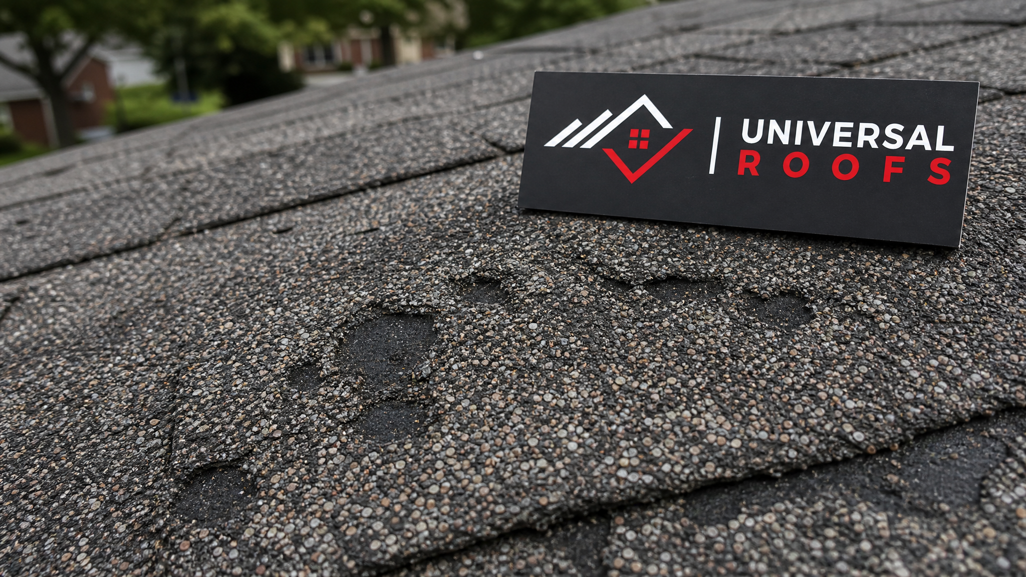 Close-up of a hail-damaged shingle showing impact marks and granule loss