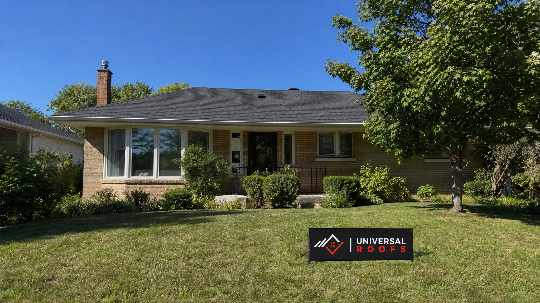 Repaired asphalt shingle roof after hail damage on a Toronto home in summer daylight