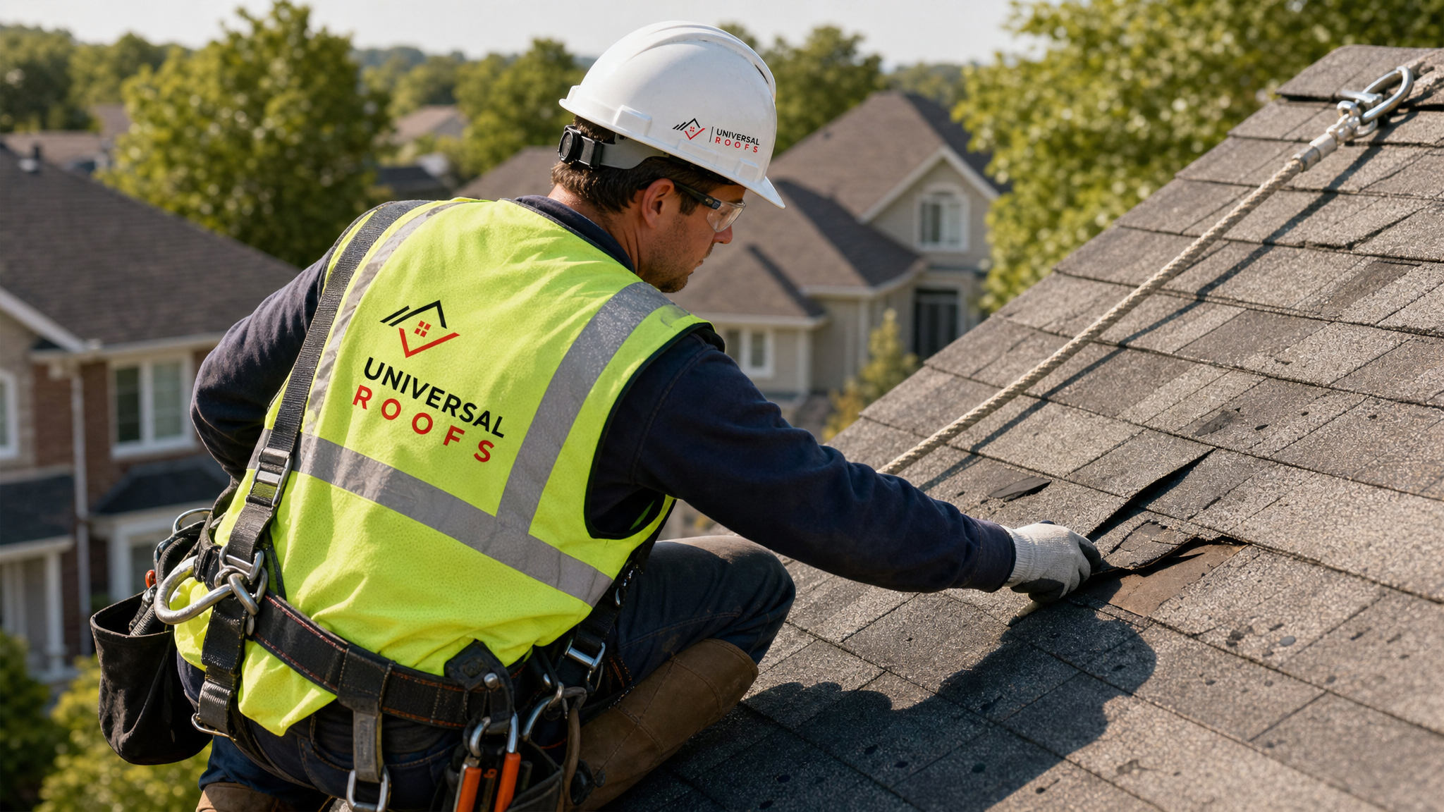 Roofer wearing full safety harness inspecting and repairing hail-damaged shingles on a Toronto home